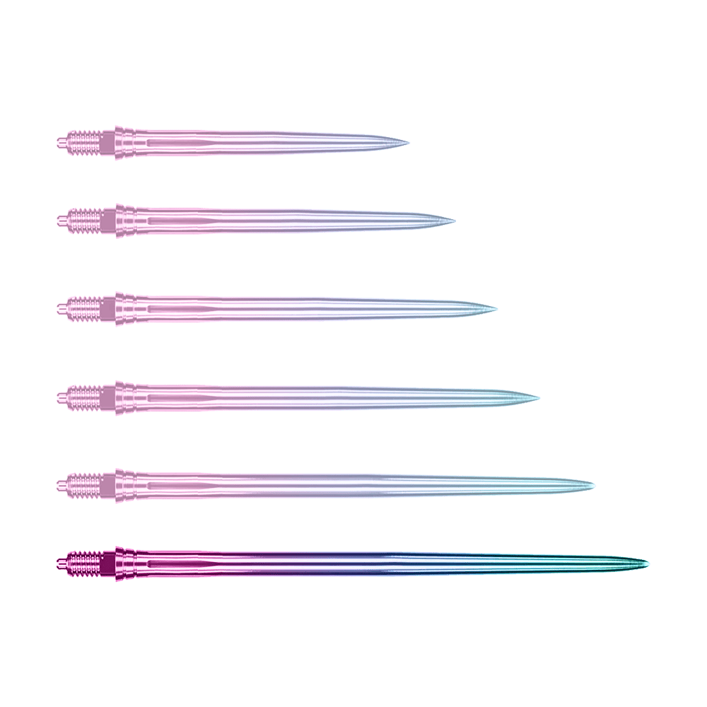 Punte per freccette Caliburn EZ-EVO - Lisce - Arcobaleno Das Bild zeigt Dartspitzen mit einem glatten, regenbogenfarbenen Design und einer Länge von 50 mm. Diese Dartspitzen sind ideal für den Einsatz beim Dartspiel geeignet.