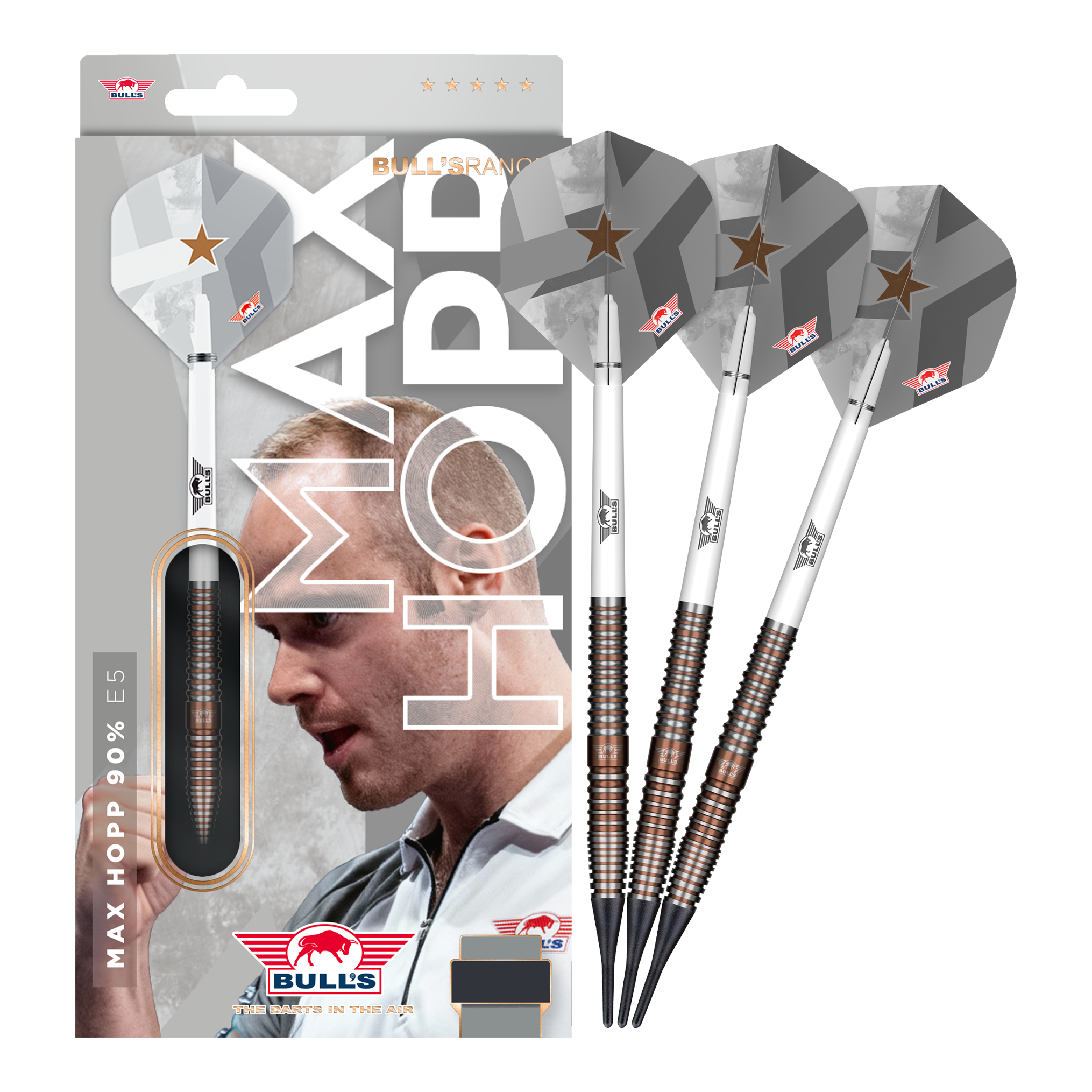 Freccette morbide Bulls NL Max Hopp E5 - 20 g Zu sehen ist das Set Bulls NL Max Hopp E5 Softdarts im Gewicht 20g. Die Darts sind ideal für Softdart-Enthusiasten geeignet.