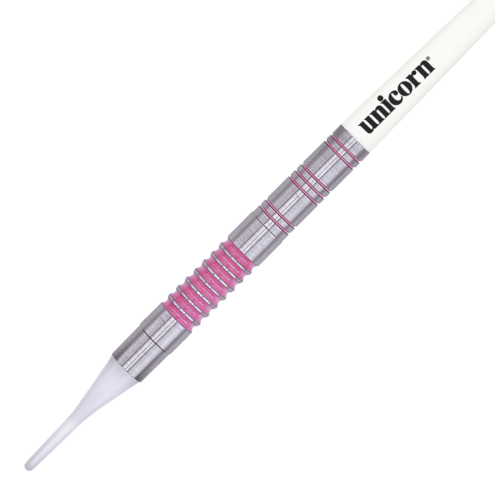 06033_Unicorn_Autograph_Softdarts_2 Das Bild zeigt einen Unicorn Autograph Softdart mit einem Gewicht von 19 Gramm. Der Dart hat ein silbernes Barrel mit rosa Ringen und eine weiße Spitze.