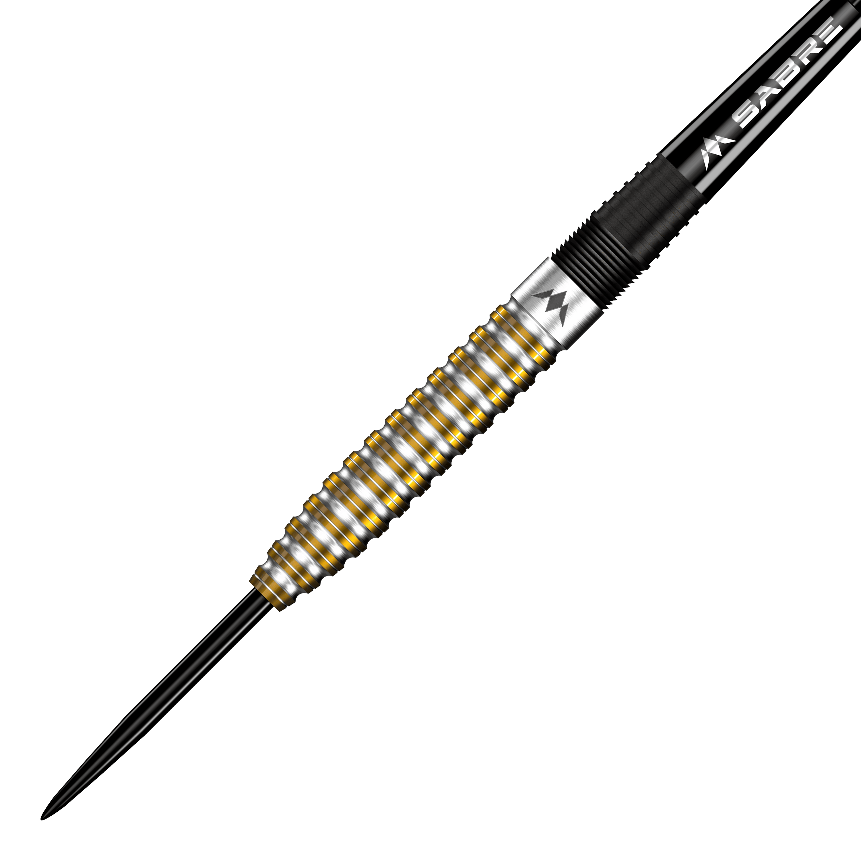 Freccette in acciaio Mission Oskar Lukasiak PVD oro nero - 22 g Das Bild zeigt einen Steeldart mit silbernen und goldenen Rillen auf dem Barrel. Es handelt sich um den "Mission Oskar Lukasiak Black Gold PVD Steeldart - 22g".