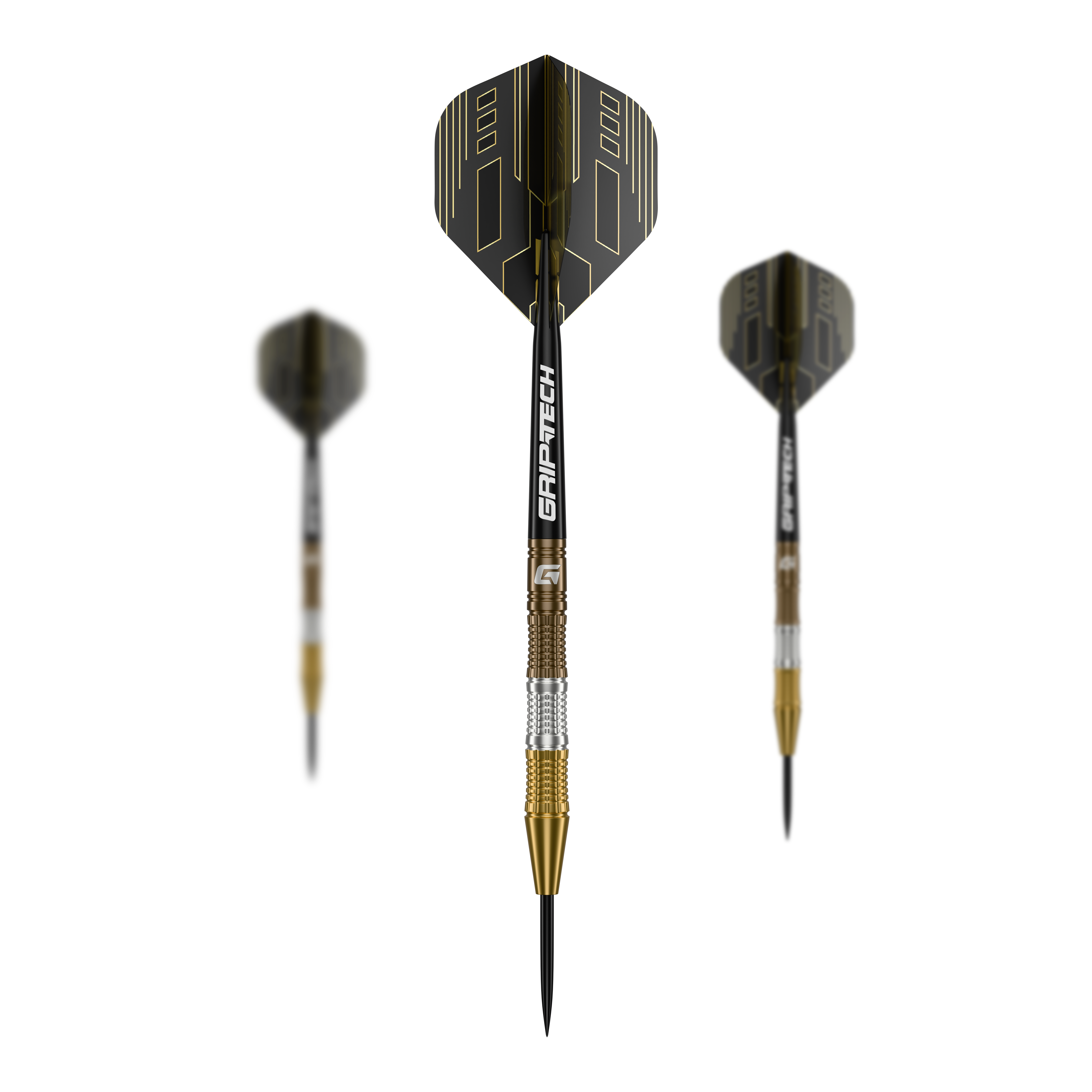 Freccette in acciaio al tungsteno GOAT Ceremony Das Bild zeigt drei "GOAT Ceremony Tungsten Steeldarts" mit schwarzen und goldenen Elementen. Der mittlere Dart ist im Fokus und zeigt den Schriftzug "GRIP-TECH" auf dem Schaft.
