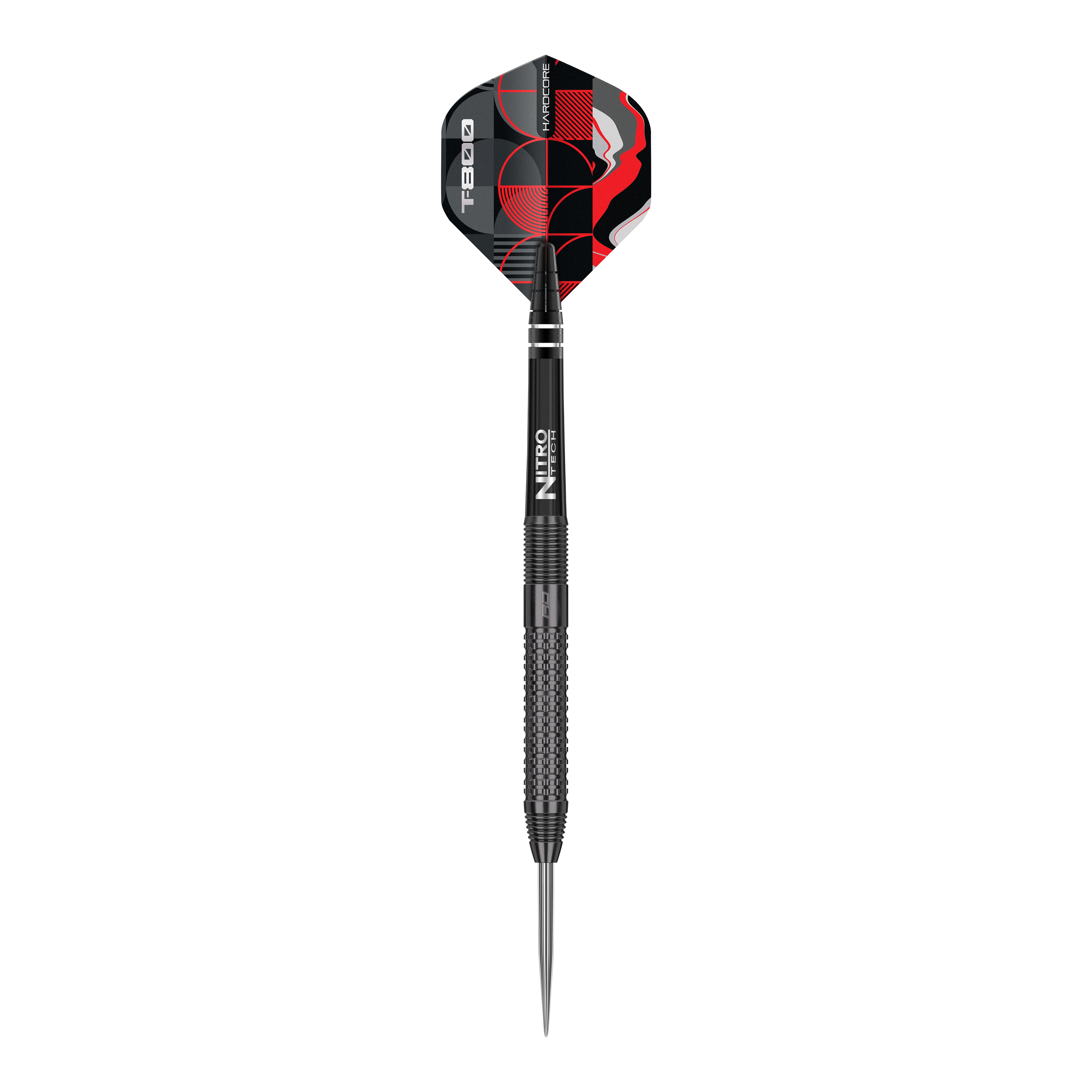 Dardi d'acciaio Red Dragon T-800 Das Bild zeigt einen Red Dragon T-800 Steeldart mit einer schwarzen, strukturierten Oberfläche. Die Dartflügel sind schwarz-rot gemustert und tragen den Schriftzug "T-800".