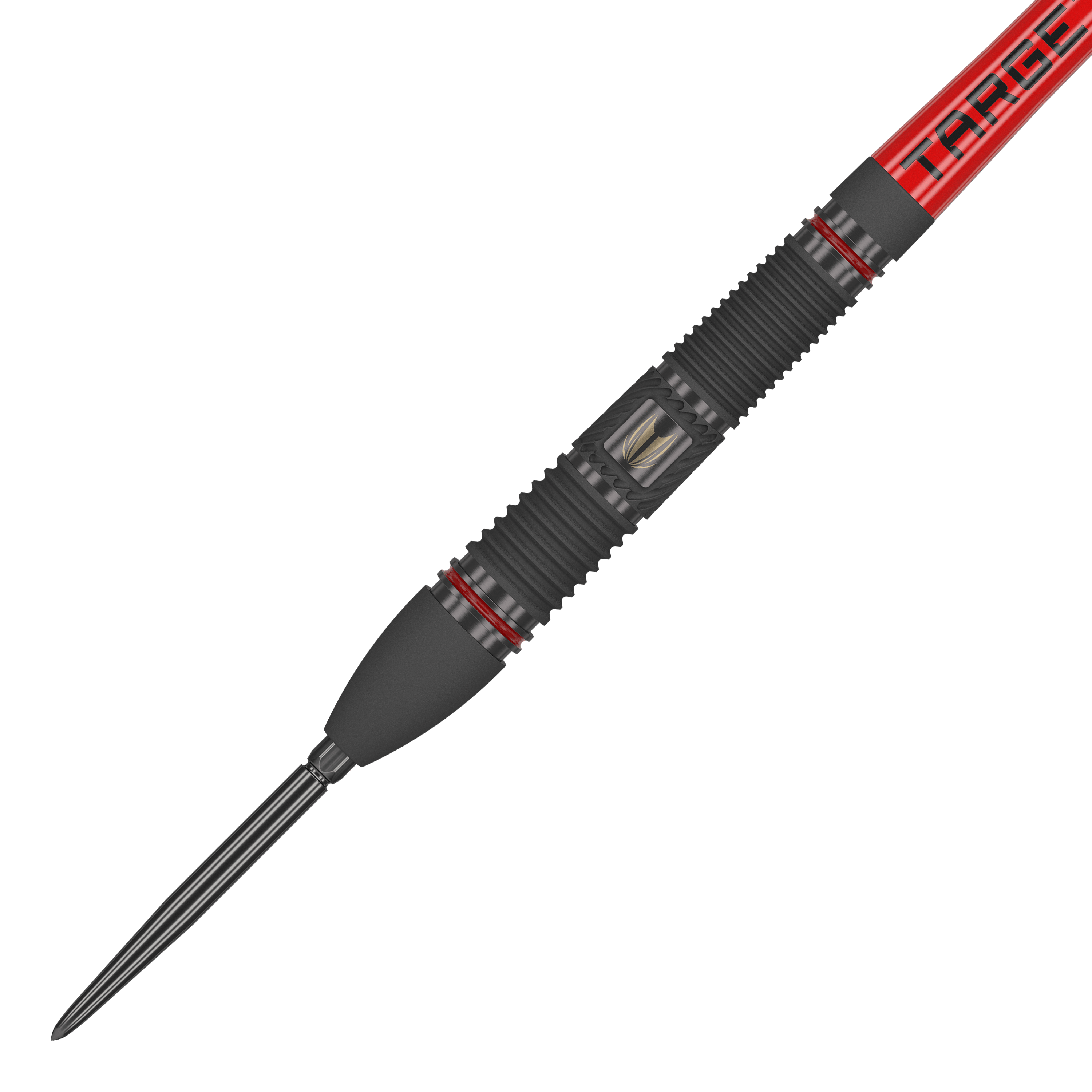 Freccette in acciaio Target Scope 02 Swiss Point Das Bild zeigt einen Target Scope 02 Swiss Point Steeldart mit einem schwarzen und roten Design. Der Dartpfeil hat eine gerillte Griffzone und eine scharfe Metallspitze.