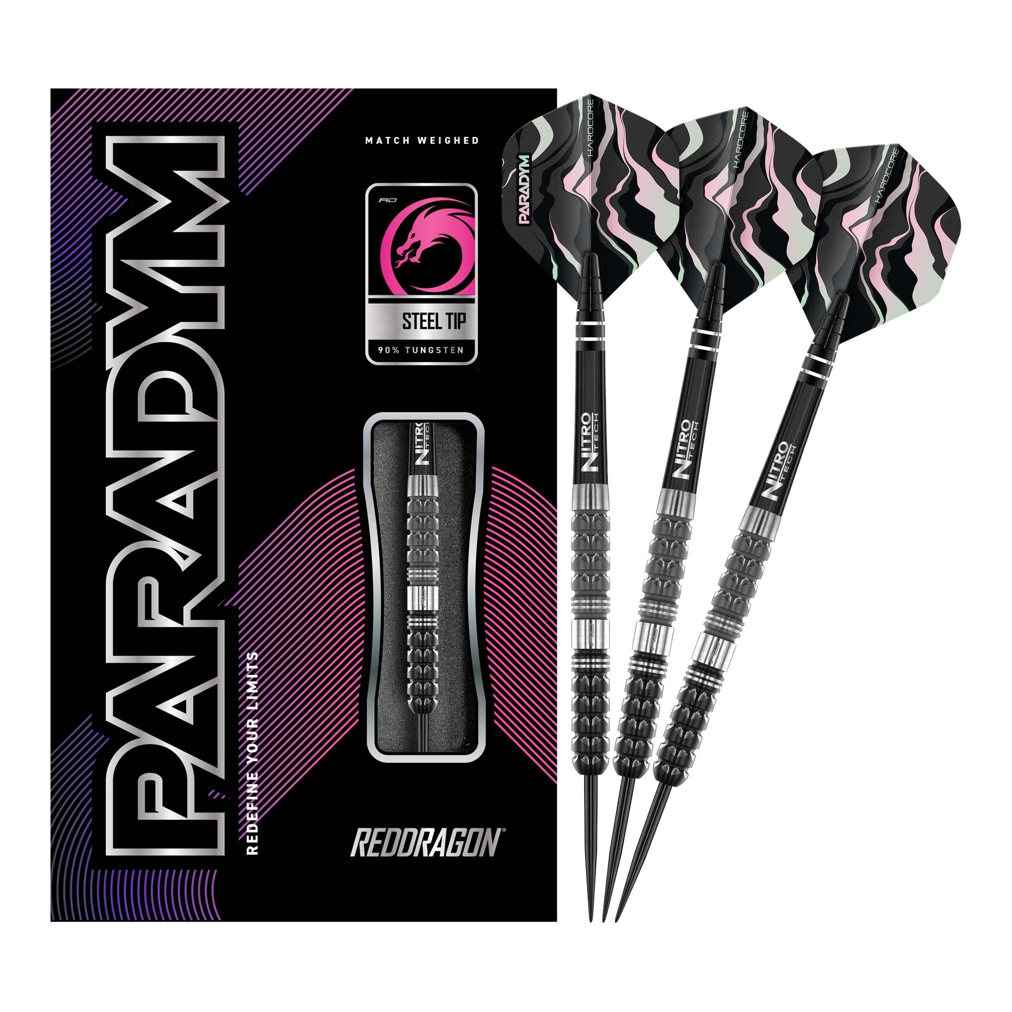 Freccette in acciaio coniche Paradym Red Dragon Das Bild zeigt das Produkt "Red Dragon Paradym Tapered Steeldarts" mit einer schwarzen Verpackung und drei Steeldarts. Die Darts haben schwarze, silberne und rosafarbene Details sowie auffällige Flights.