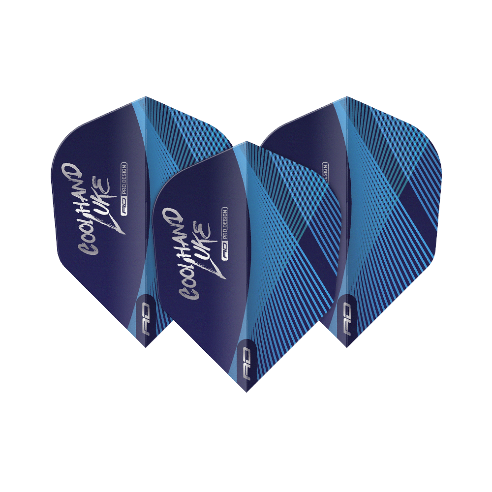 Voli Red Dragon Luke Humphries Coolhand Blue Silver No6 Das Bild zeigt drei blaue Dart-Flights mit silbernen und blauen Linienmustern. Auf den Flights steht der Schriftzug "Coolhand Luke".
