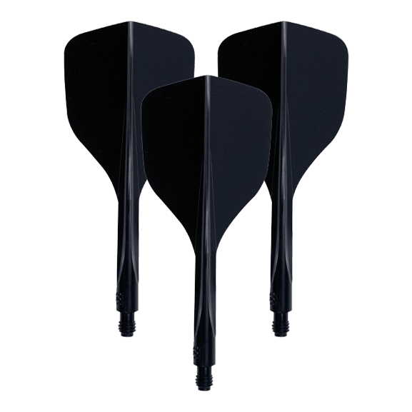 Condor Axe 120 Flight-System Black - Standard Das Bild zeigt drei schwarze Dart-Flights mit integriertem Schaft. Es handelt sich um das Produkt "Condor Axe 120 Flight-System Schwarz - Small".