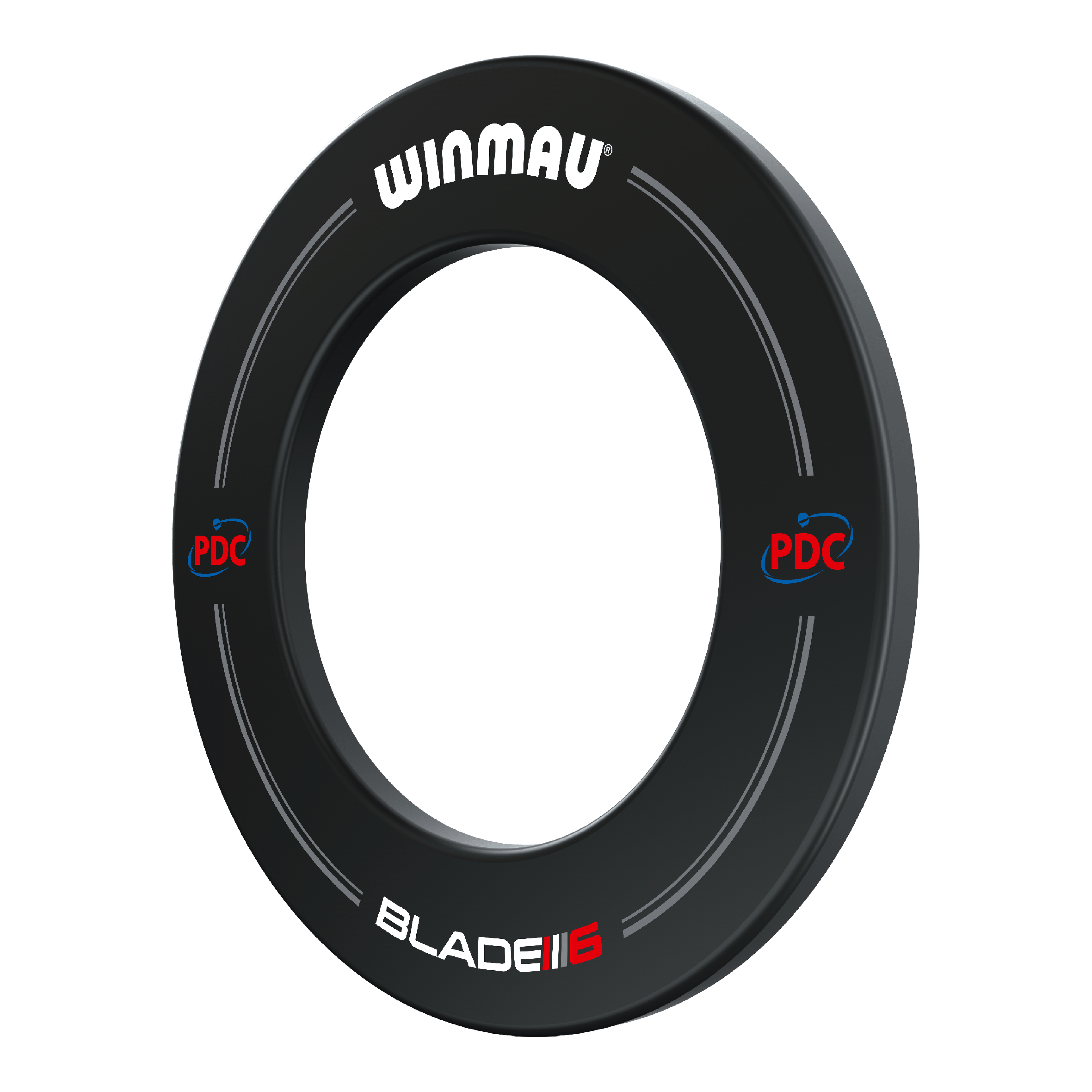 Cornice per freccette Winmau PDC - nera Das Bild zeigt einen schwarzen Dartboard Surround der Marke Winmau mit der Aufschrift "PDC" und "Blade 6". Der Surround dient dazu, die Wand rund um das Dartboard vor abprallenden Darts zu schützen.