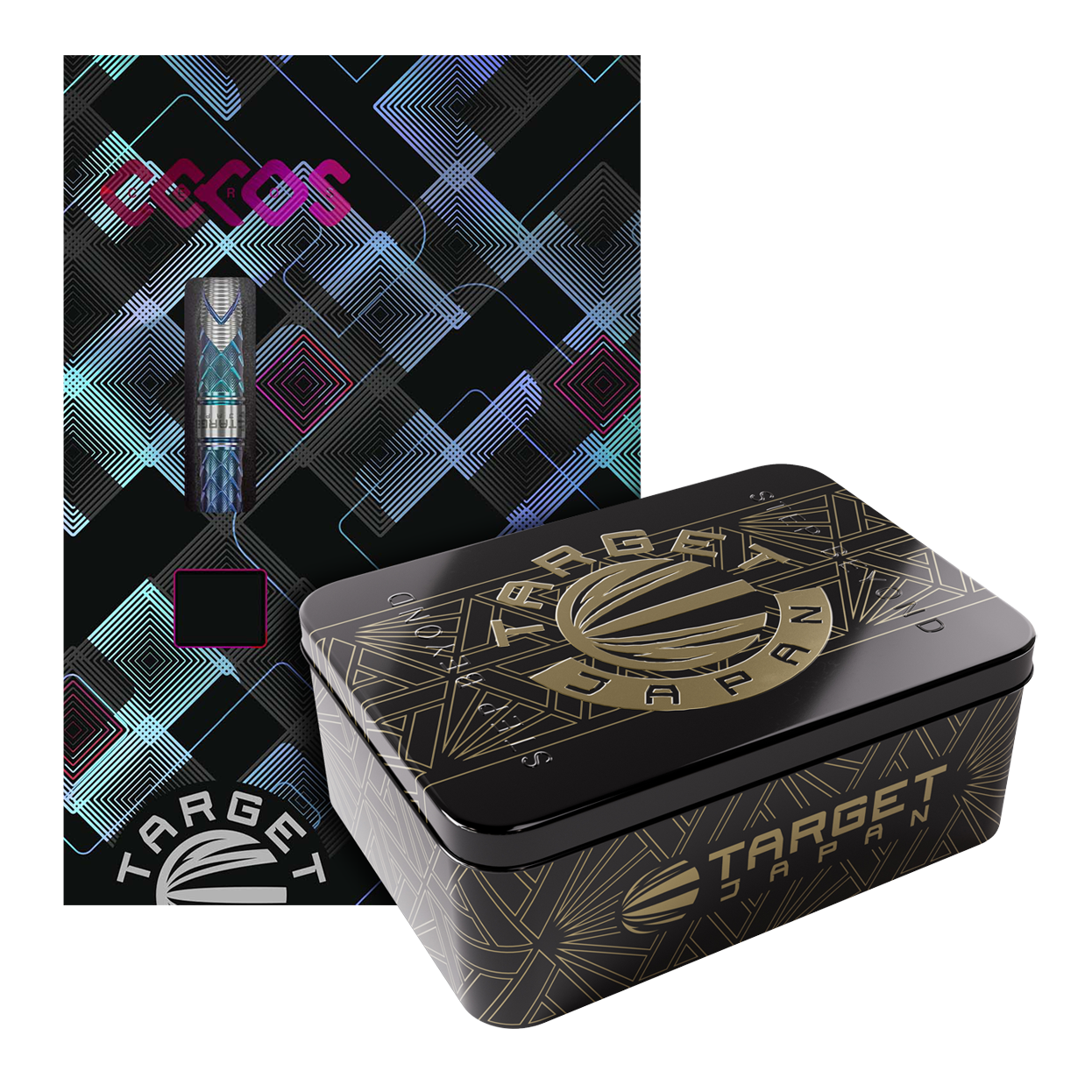 Target Japan Kaze Series Ceros 03 Freccette morbide - 19 g Das Bild zeigt die "Target Japan Kaze Series Ceros 03 Softdarts - 19g" in einer dekorativen Verpackung. Neben der bunten Kartonverpackung steht eine elegante schwarze Metallbox mit goldenen Verzierungen.