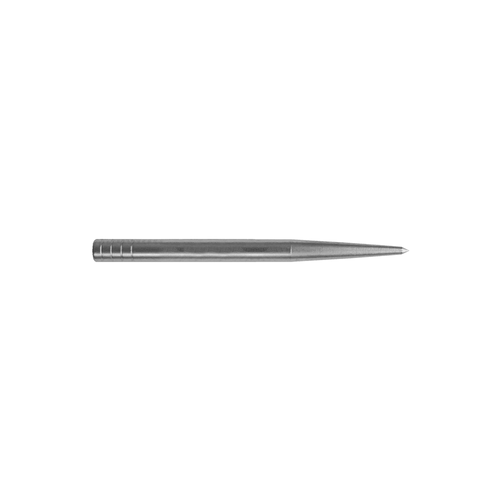 Condor Beak Point senza punte tagliate Das Bild zeigt eine silberne Dartspitze, die lang und schmal ist. Sie hat keine zusätzlichen Schnitte und misst 32 mm in der Länge.
