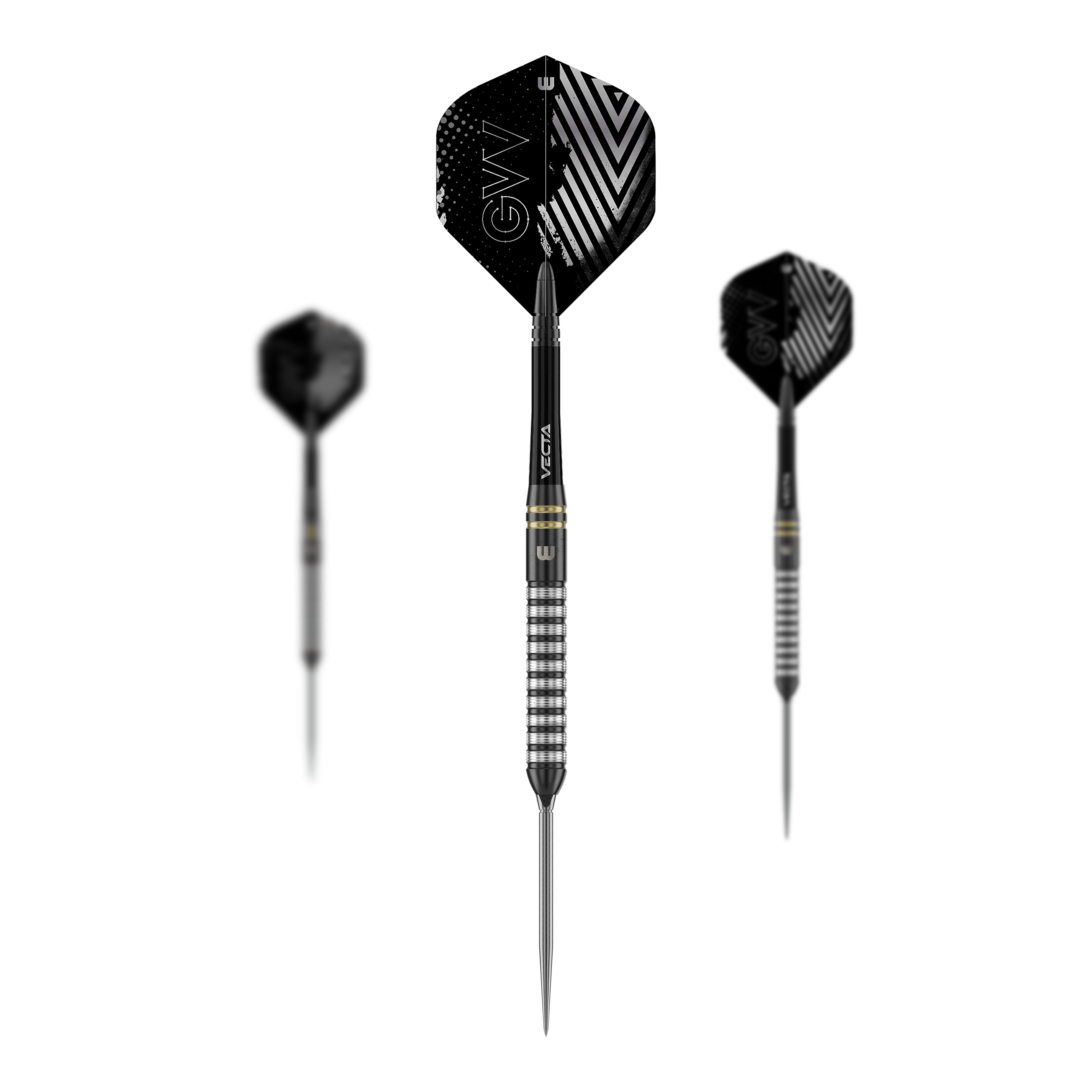 Freccette in acciaio Winmau Gian Van Veen TS Switch Point Zu sehen sind Winmau Gian Van Veen TS Switch Point Steeldarts als Set. Das Bild zeigt mehrere Darts nebeneinander.