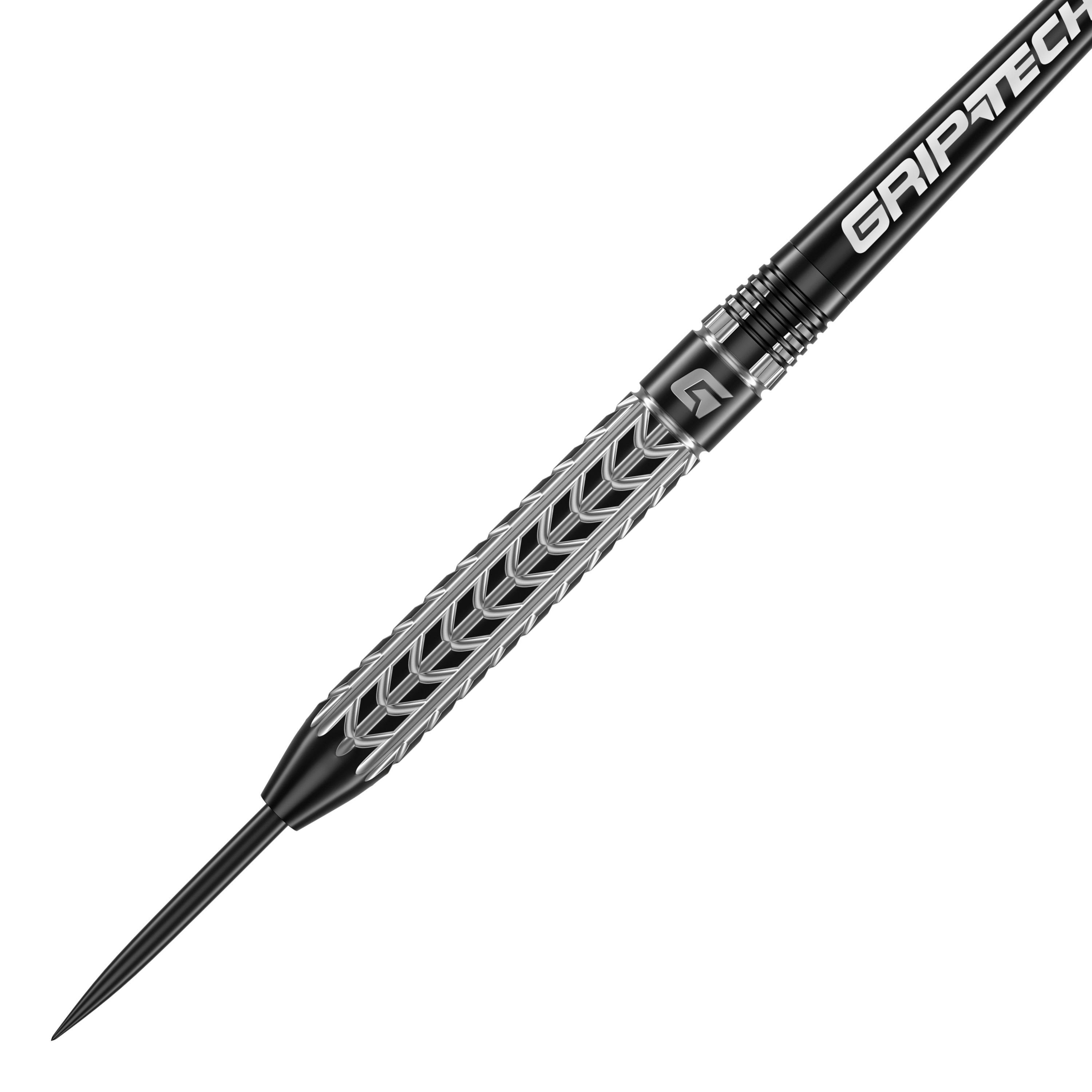 Freccette in acciaio al tungsteno GOAT Traction Das Bild zeigt einen GOAT Traction Tungsten Steeldart mit einem silbernen, strukturierten Griffbereich. Auf dem Schaft steht in weißer Schrift "GRIPTECH".