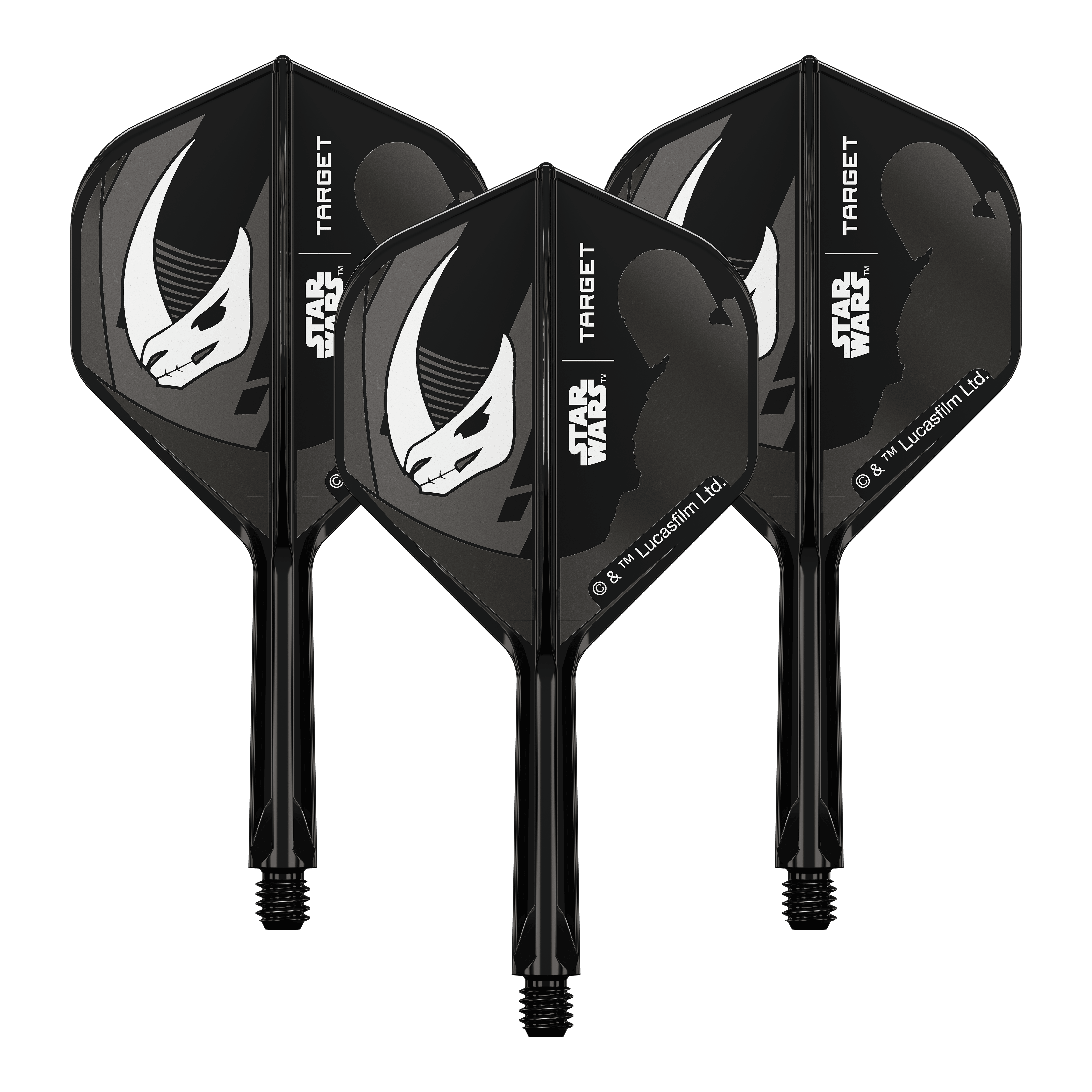Set Target Star Wars K-Flex Mandalorian No2 Voli Standard Das Bild zeigt das Produkt mit dem Dateinamen 410621_Target_StarWars_K-Flex_Mandalorian_Armour_No2_Standard_Flights_26mm_2a. Es handelt sich vermutlich um einen weiteren Dart-Flight im Mandalorian Design.