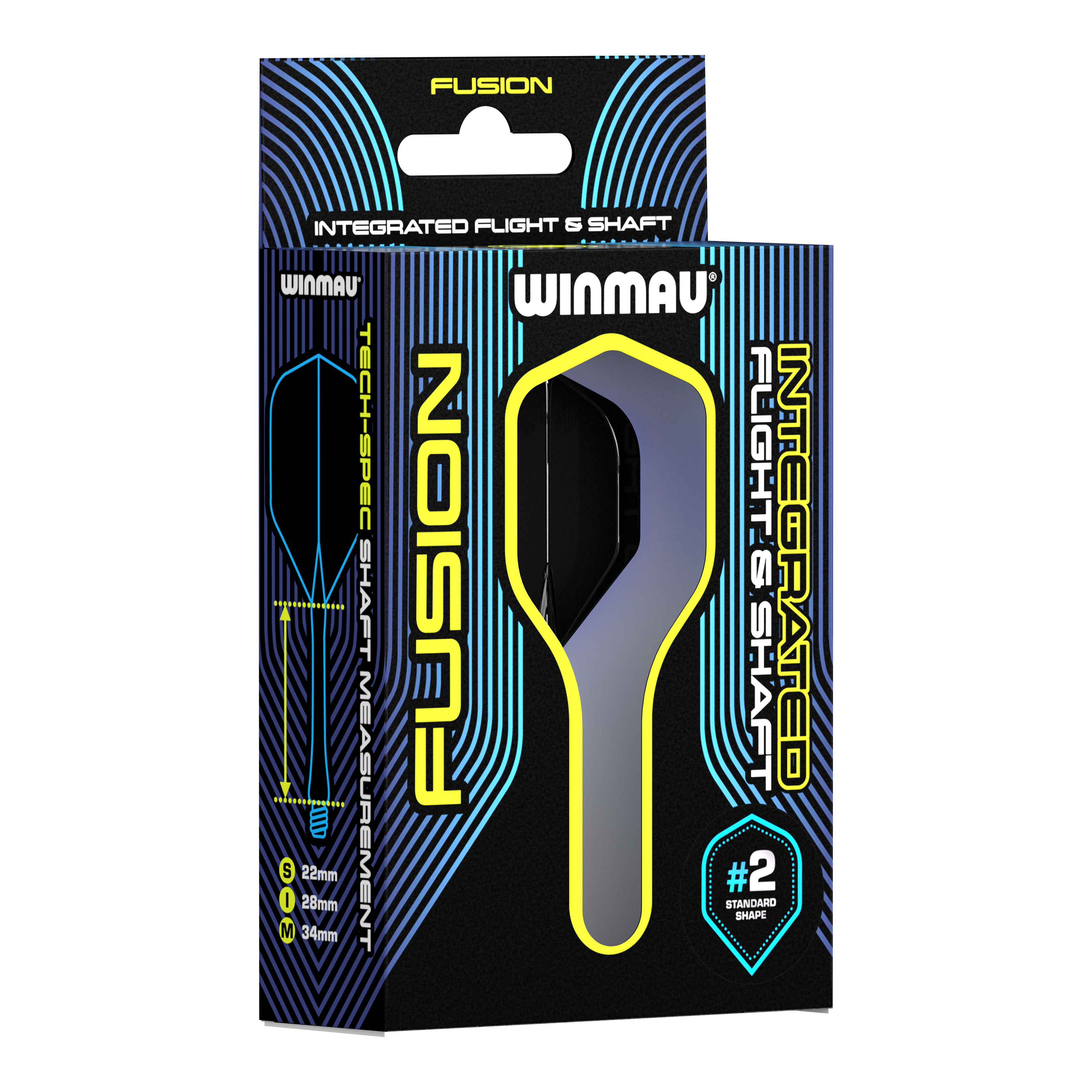 Sistema di alberi di volo Winmau Fusion standard nero Auf dem Bild ist eine Verpackung des Winmau Fusion Integrated Flight & Shaft Systems zu sehen. Die Schachtel ist schwarz mit blauen und gelben Akzenten und enthält Flights und Shafts für Darts.