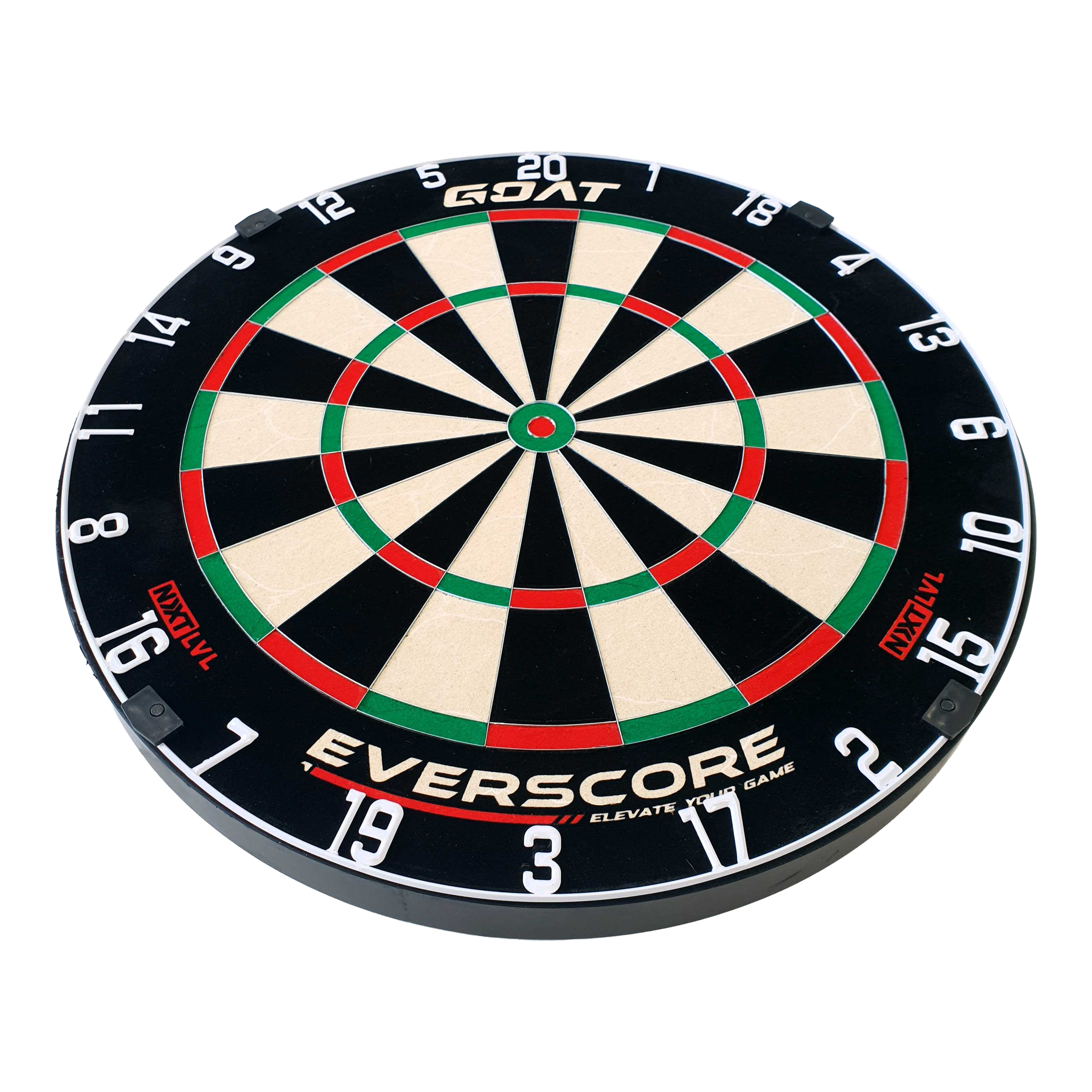 Bersaglio per freccette in acciaio GOAT Everscore Das Bild zeigt eine GOAT Everscore Steeldartboard. Die Dartscheibe ist rund und hat farbige Segmente sowie gut sichtbare Zahlen am Rand.