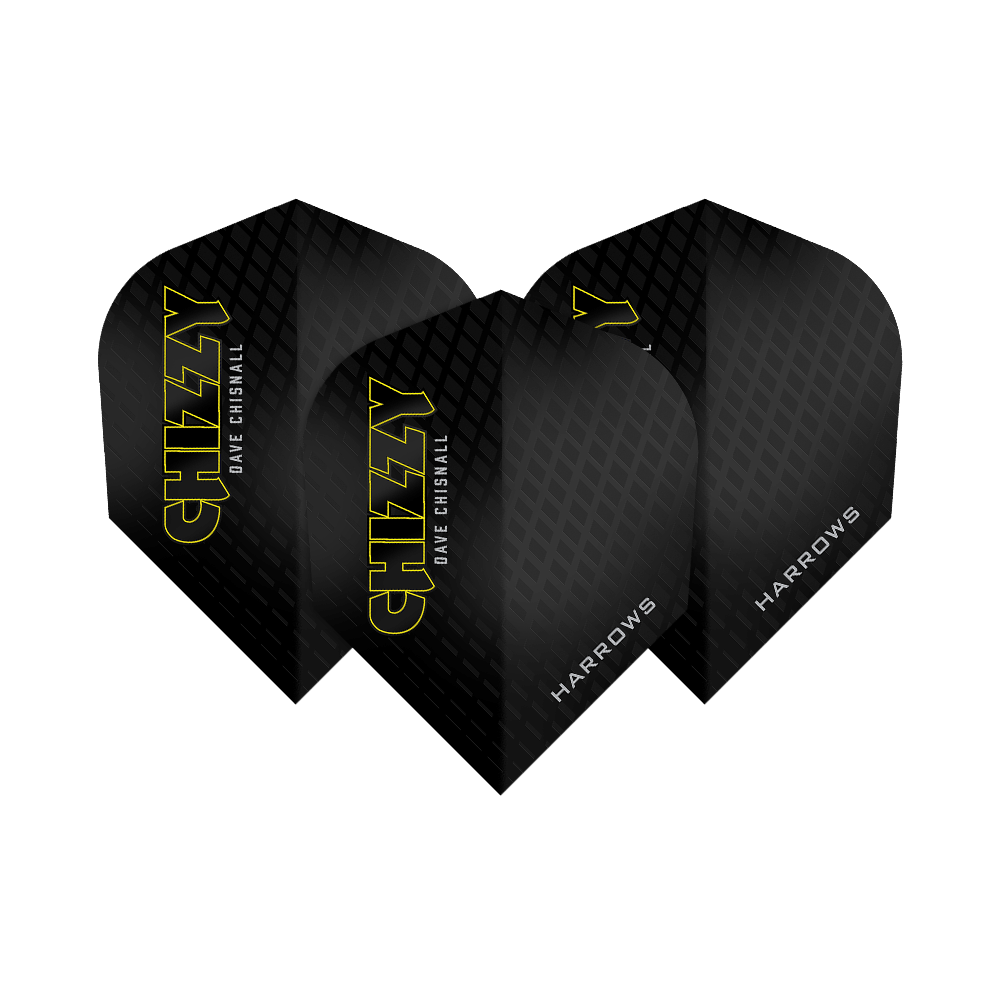 Dave Chisnall Chizzy Series 3 Flights di Harrow Das Bild zeigt drei Dartflights der Marke Harrows aus der Dave Chisnall Chizzy Series 3. Die Flights sind schwarz mit gelbem Schriftzug „CHIZZY“ und verfügen über ein dezentes Rautenmuster.