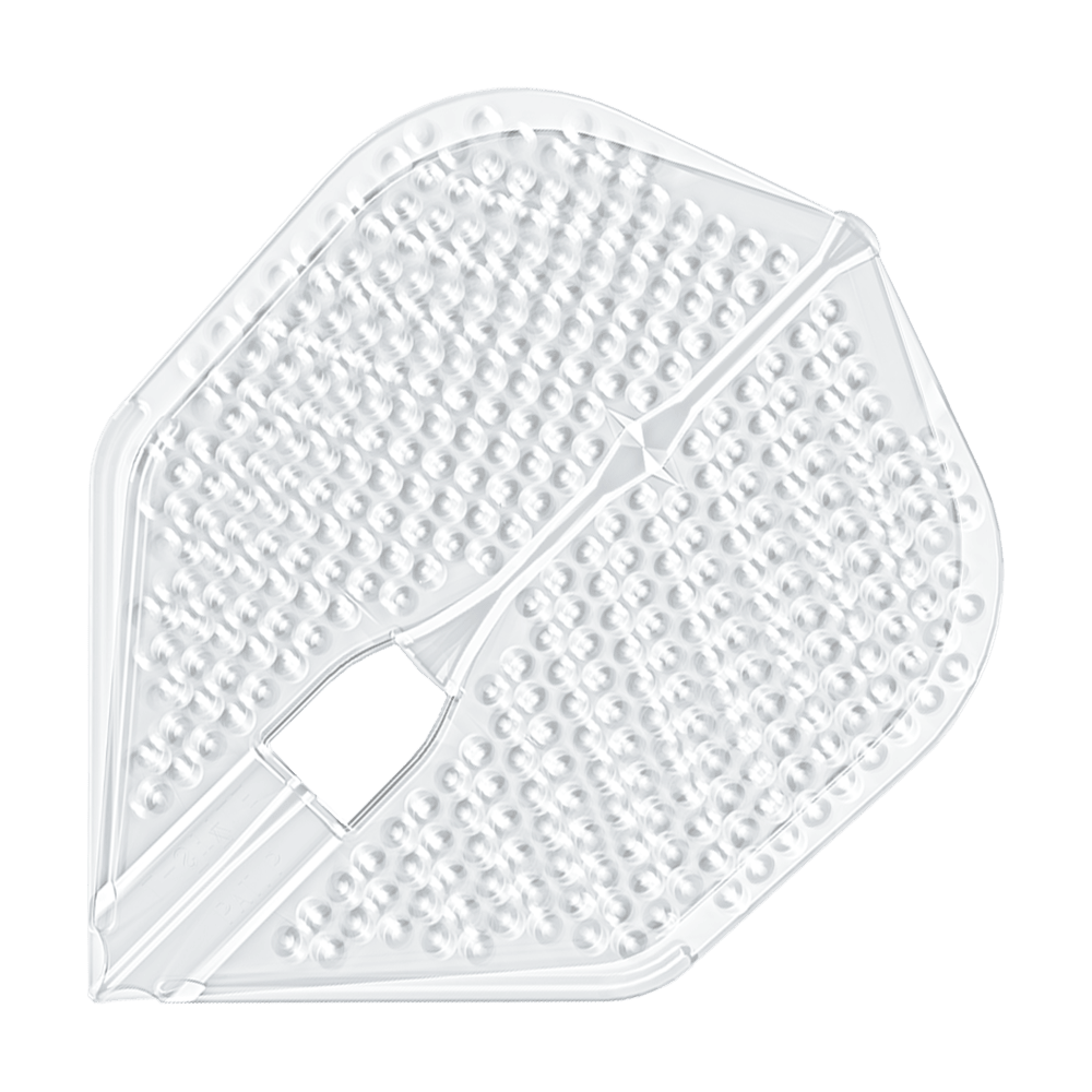 Alette stile L Dimple Champagne L3PRO Shape Das Bild zeigt ein durchsichtiges Dartflight mit einer dimpled (genoppten) Oberfläche. Es handelt sich um das Produkt "L-Style Flights Dimple Champagne L3PRO Shape".