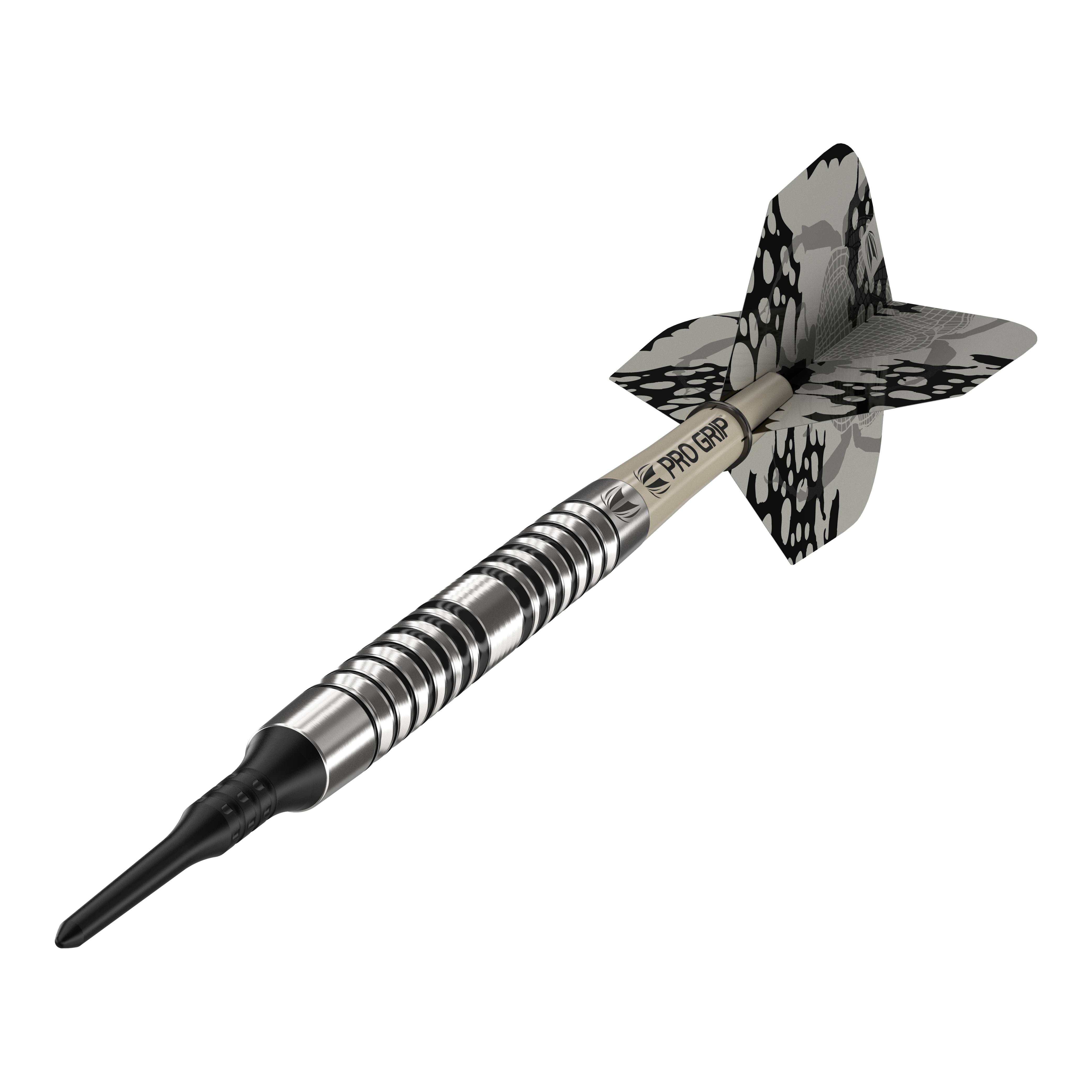 Freccette morbide Target EXO 10 Das Bild zeigt einen Target EXO 10 Softdart. Der Dartpfeil hat ein silbernes, gerieftes Barrel und schwarz-graue Flights mit Muster.