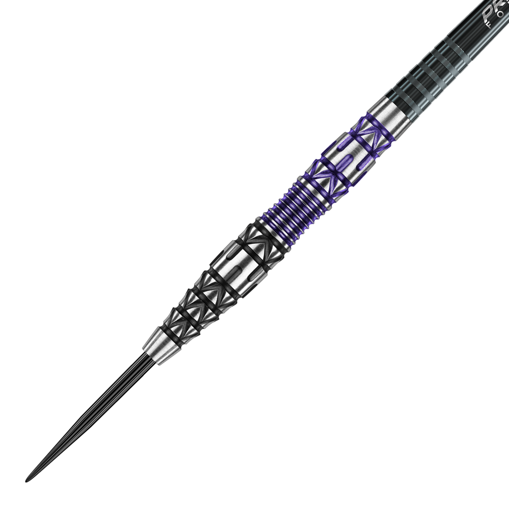 Freccette in acciaio Winmau Simon Whitlock Special Edition 2020 Das Bild zeigt einen Winmau Simon Whitlock Special Edition 2020 Steeldart. Der Dart hat ein auffälliges Design mit schwarzen, silbernen und violetten Elementen am Griff.