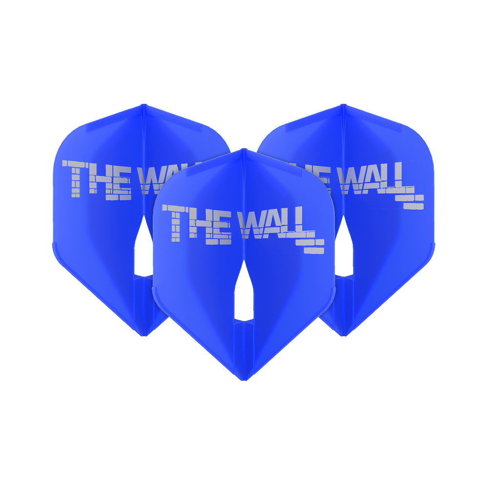 Voli L-Style Martin Schindler Blue L1PRO Das Bild zeigt drei blaue Dartflights mit der Aufschrift "THE WALL". Es handelt sich um das Produkt 'L-Style Martin Schindler Blau L1PRO Flights'.