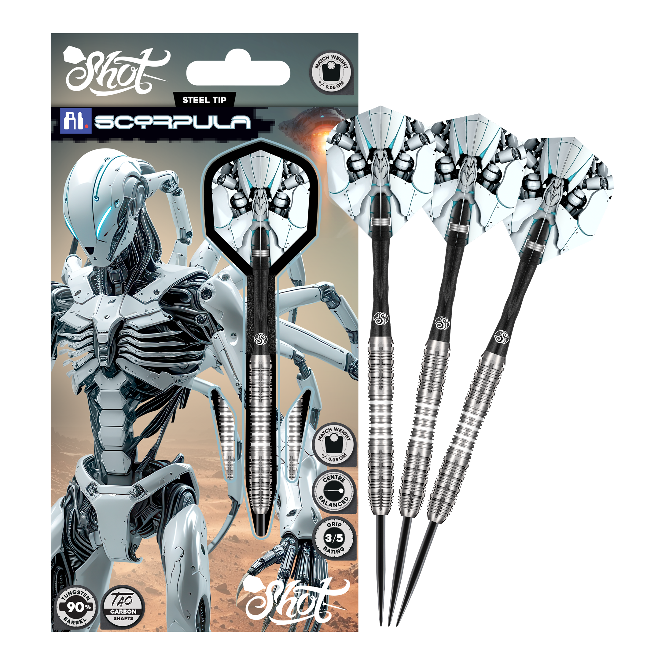 Tiro AI Scorpula Steeldarts Zu sehen sind die Shot AI Scorpula Steeldarts in ihrer gesamten Länge. Das Produkt ist hochwertig verarbeitet.