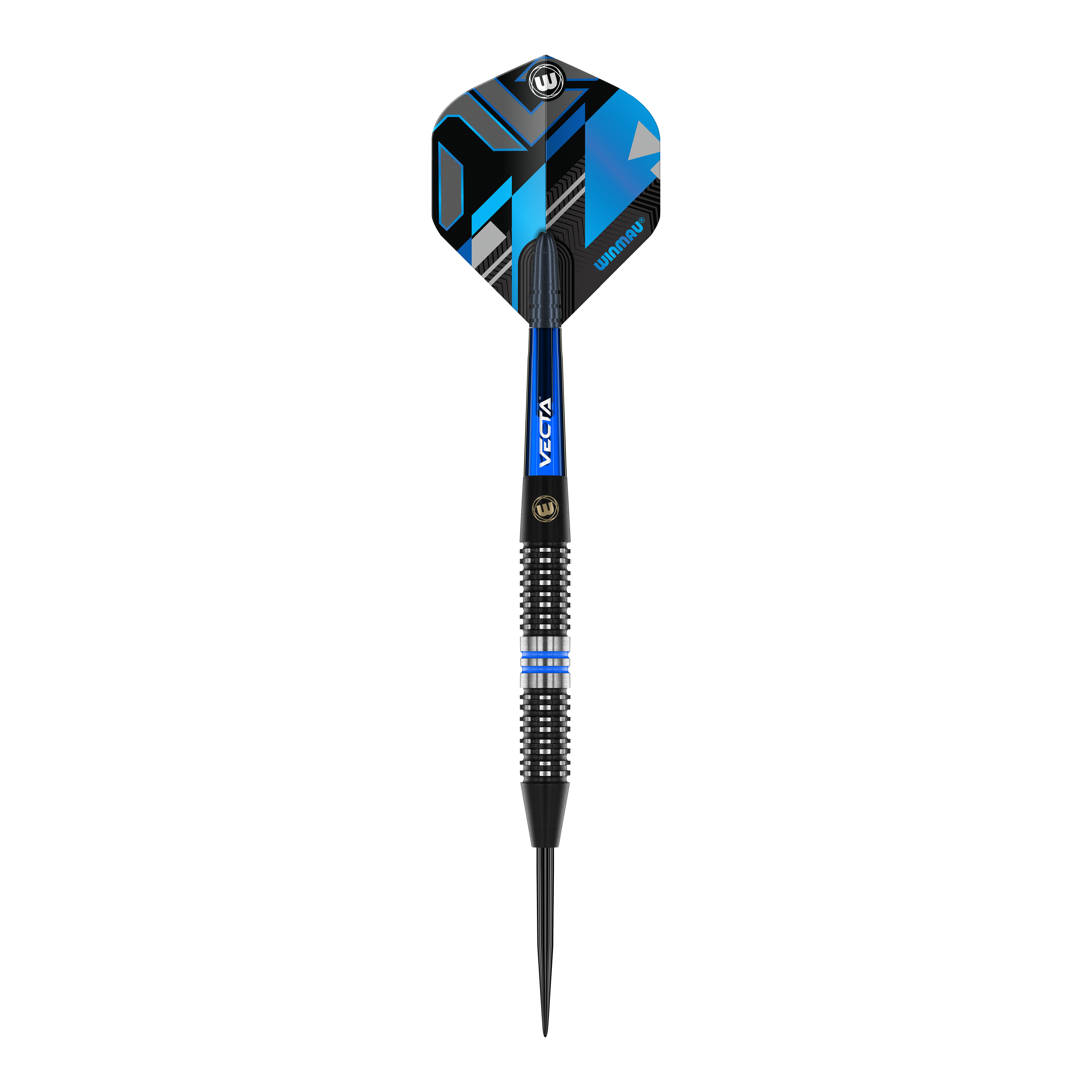 Dardi d'acciaio Winmau Galactics Das Bild zeigt einen Winmau Galactics Steeldart mit einem modernen, blauen und schwarzen Design. Der Dart hat eine strukturierte Griffzone und eine spitze Stahlspitze.