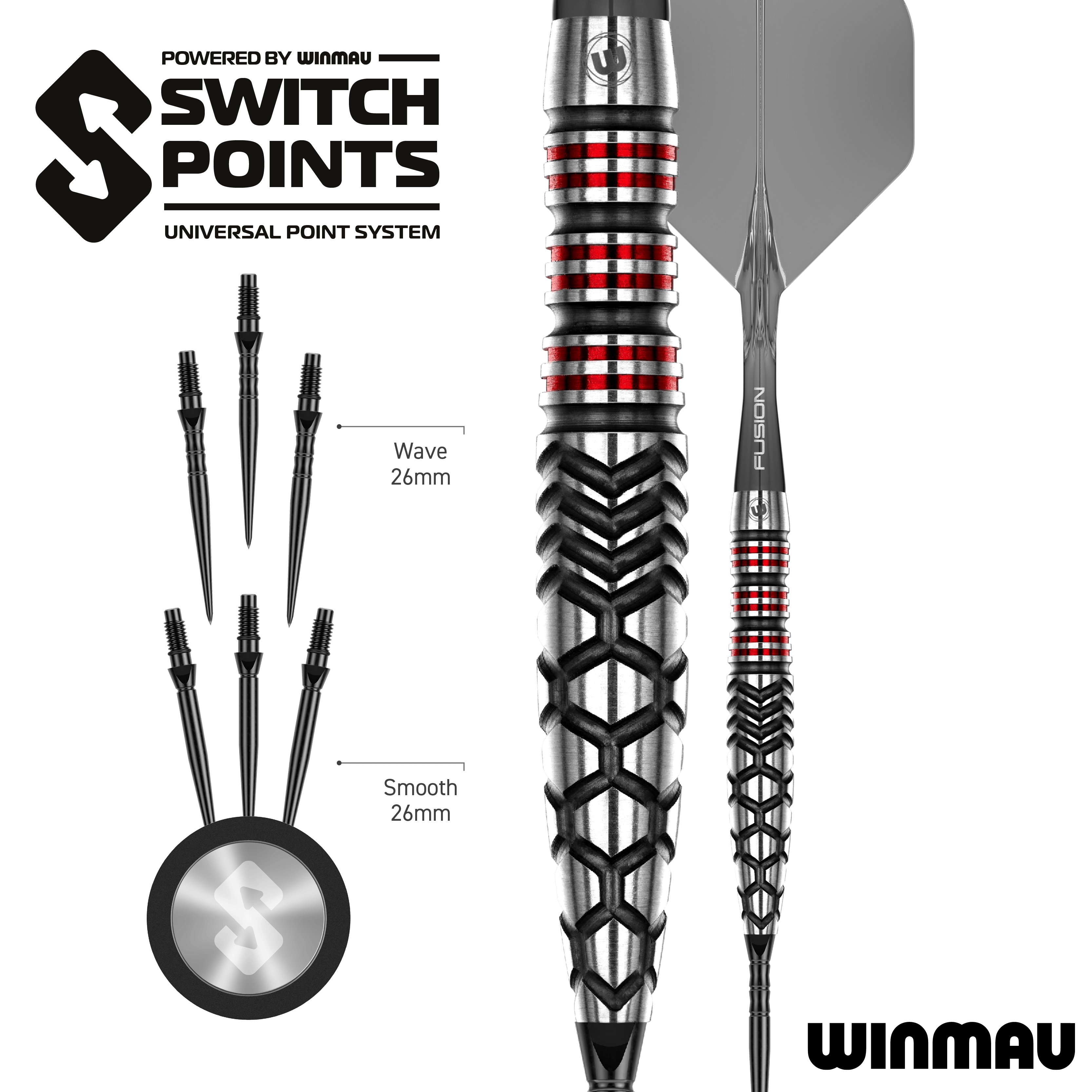 Punti di commutazione del siluro Winmau Fornax Steeldarts Das Bild zeigt die Winmau Fornax Torpedo Switch Points Steeldarts. Diese Steeldarts sind speziell für hohe Präzision und Leistung entwickelt.