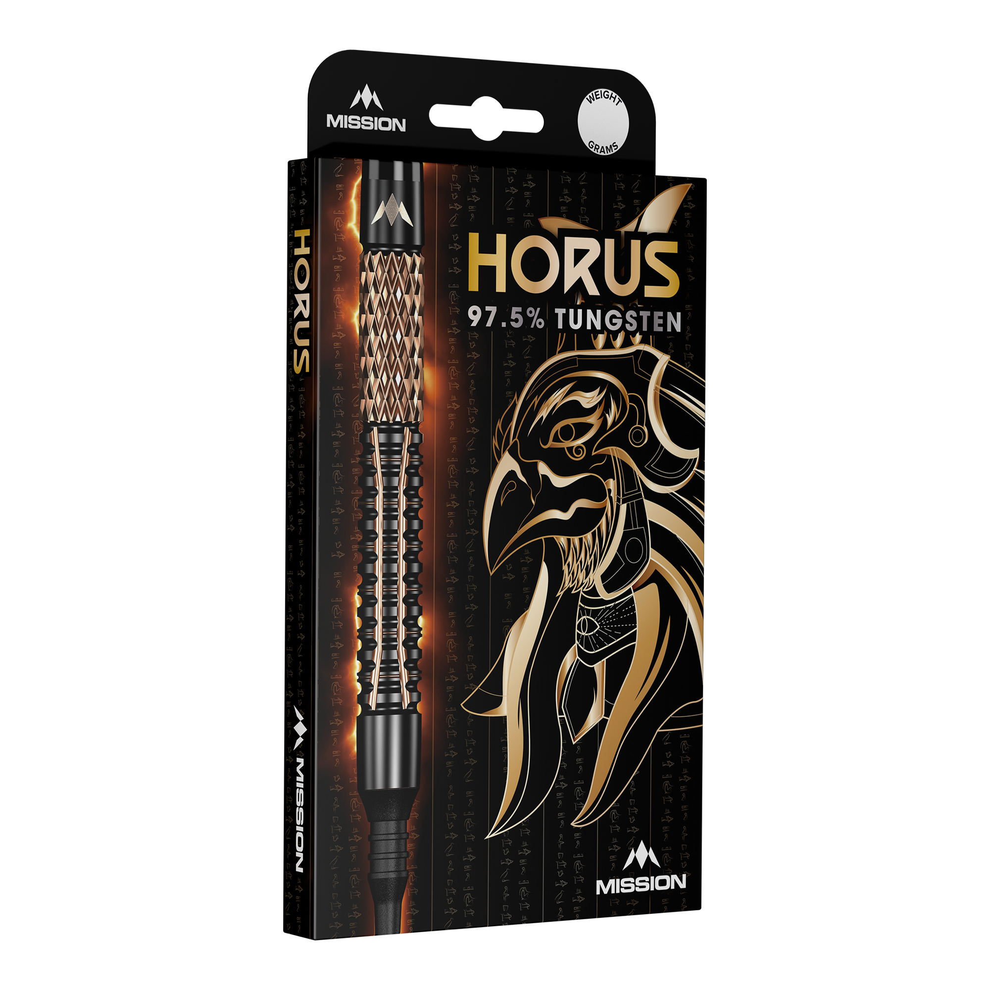 Freccette morbide Mission Horus - 19 g Die Abbildung zeigt die Verpackung der "Mission Horus Softdarts - 19g". Auf der Vorderseite sind der Dartpfeil, der Produktname und ein goldener Horus-Kopf abgebildet.