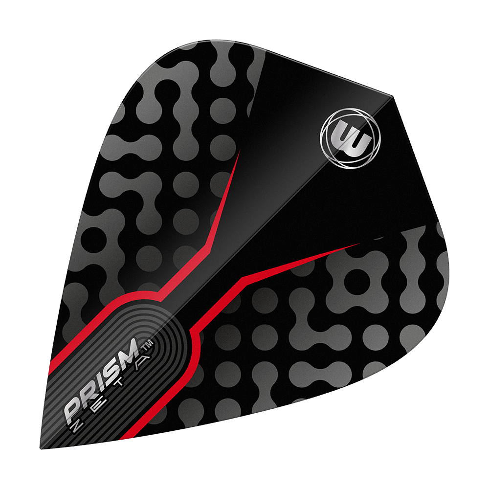 Voli dell'aquilone rosso nero Winmau Zeta Das Bild zeigt ein Winmau Zeta Black Red Kite Flight für Darts. Das Flight ist schwarz mit grauen Punkten und auffälligen roten Akzenten gestaltet.