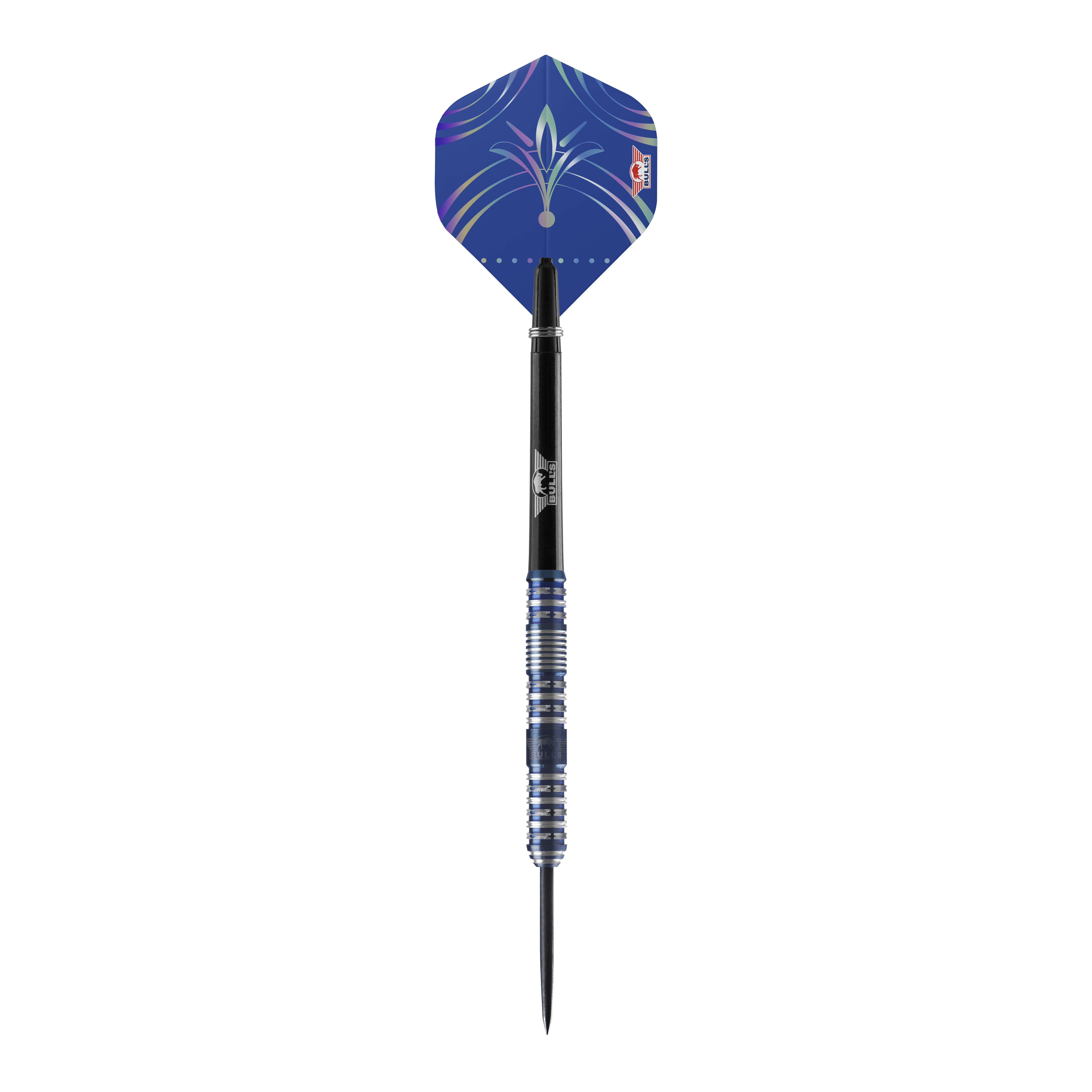 Bulls NL Silvian Steeldarts Das Bild zeigt einen Bulls NL Silvian Steeldart. Der Dart hat eine blaue Flights und einen silber-blauen Schaft mit Rillen.