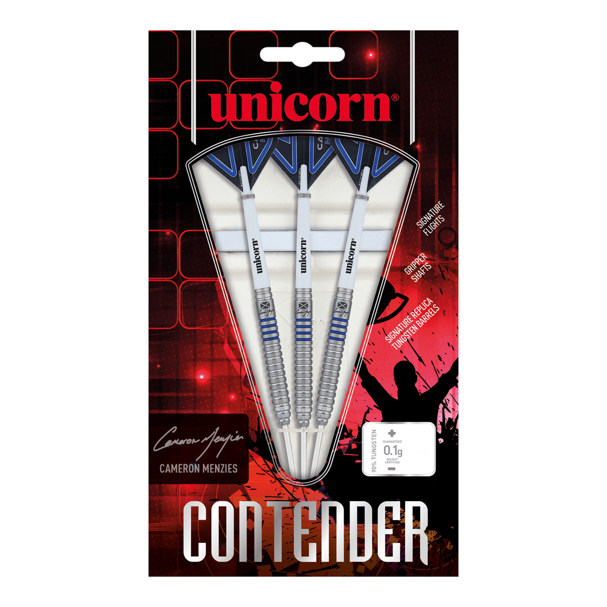 Freccette in acciaio Unicorn Contender Cameron Menzies - 23 g Das Bild zeigt eine Packung Unicorn Contender Camerion Menzies Steeldarts mit einem Gewicht von 23g. In der Verpackung befinden sich drei silberne Darts mit blauen Akzenten.