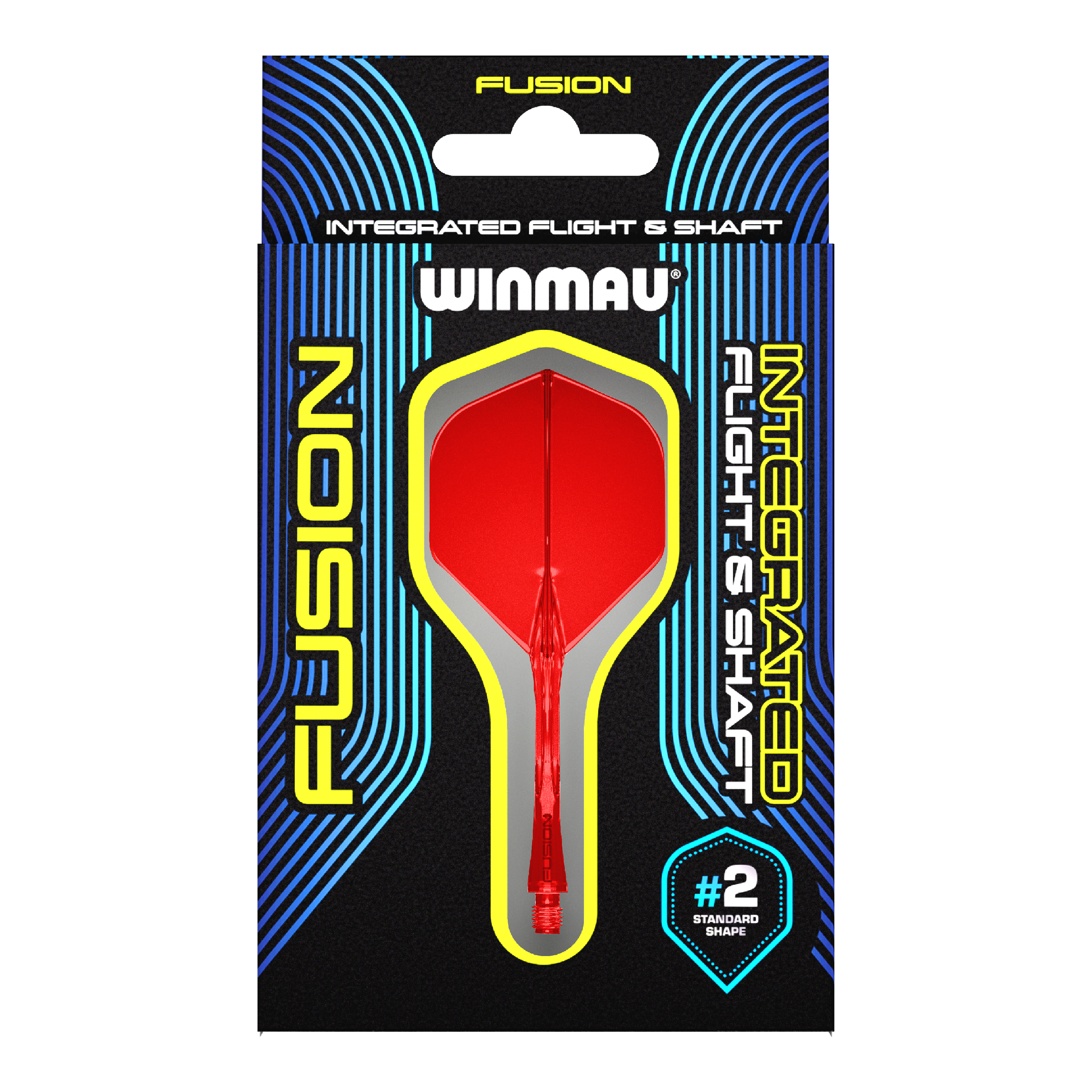 Sistema di alberi di volo Winmau Fusion standard rosso Das Bild zeigt eine Verpackung für das Winmau Fusion Integrated Flight & Shaft System in Rot. Im Mittelpunkt ist ein integrierter Dart-Flügel mit Schaft der Größe #2 im Standard-Shape zu sehen.