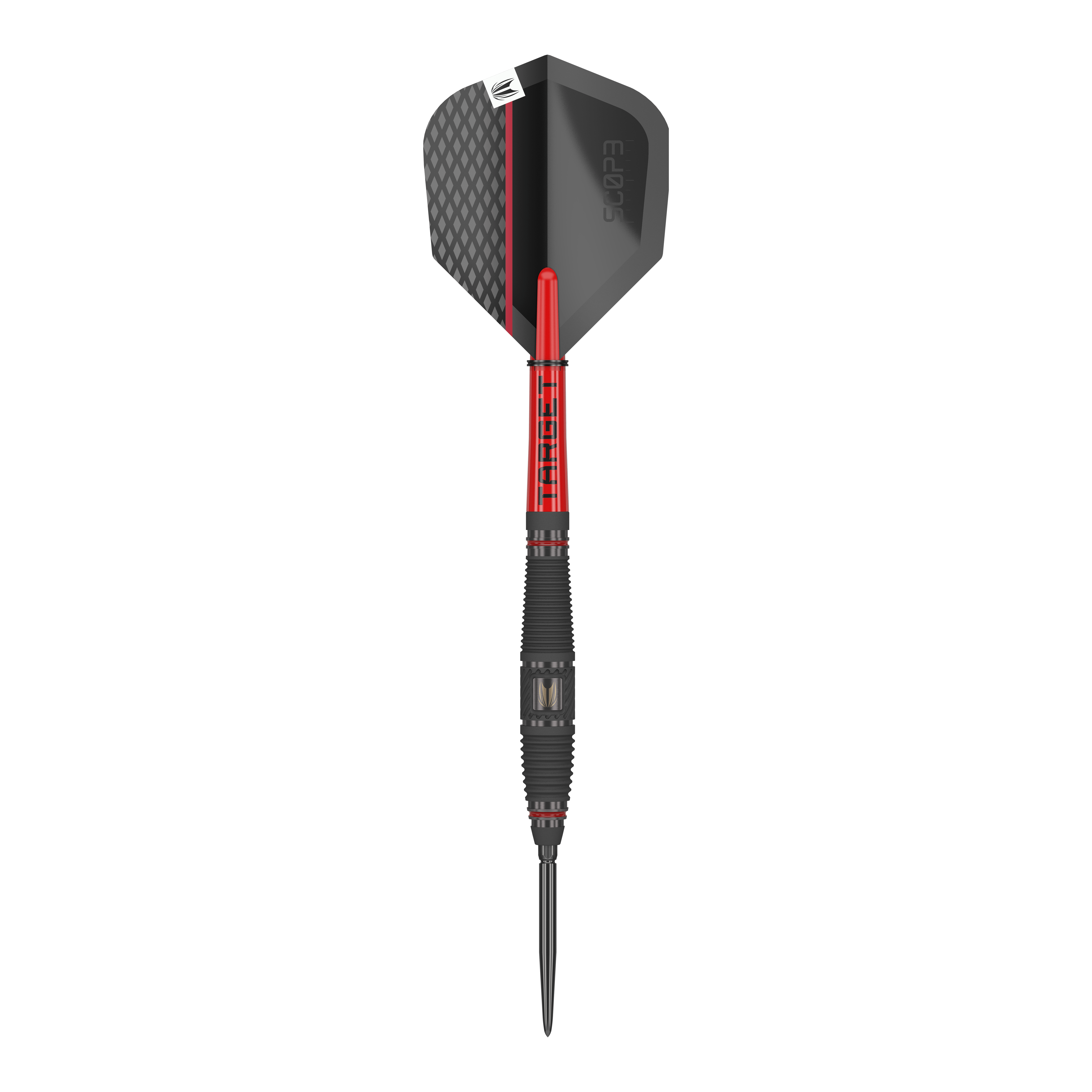 Freccette in acciaio Target Scope 03 Swiss Point Das Bild zeigt einen Target Scope 03 Swiss Point Steeldart. Der Dart hat ein modernes Design mit schwarzen und roten Elementen sowie einer strukturierten Griffzone.