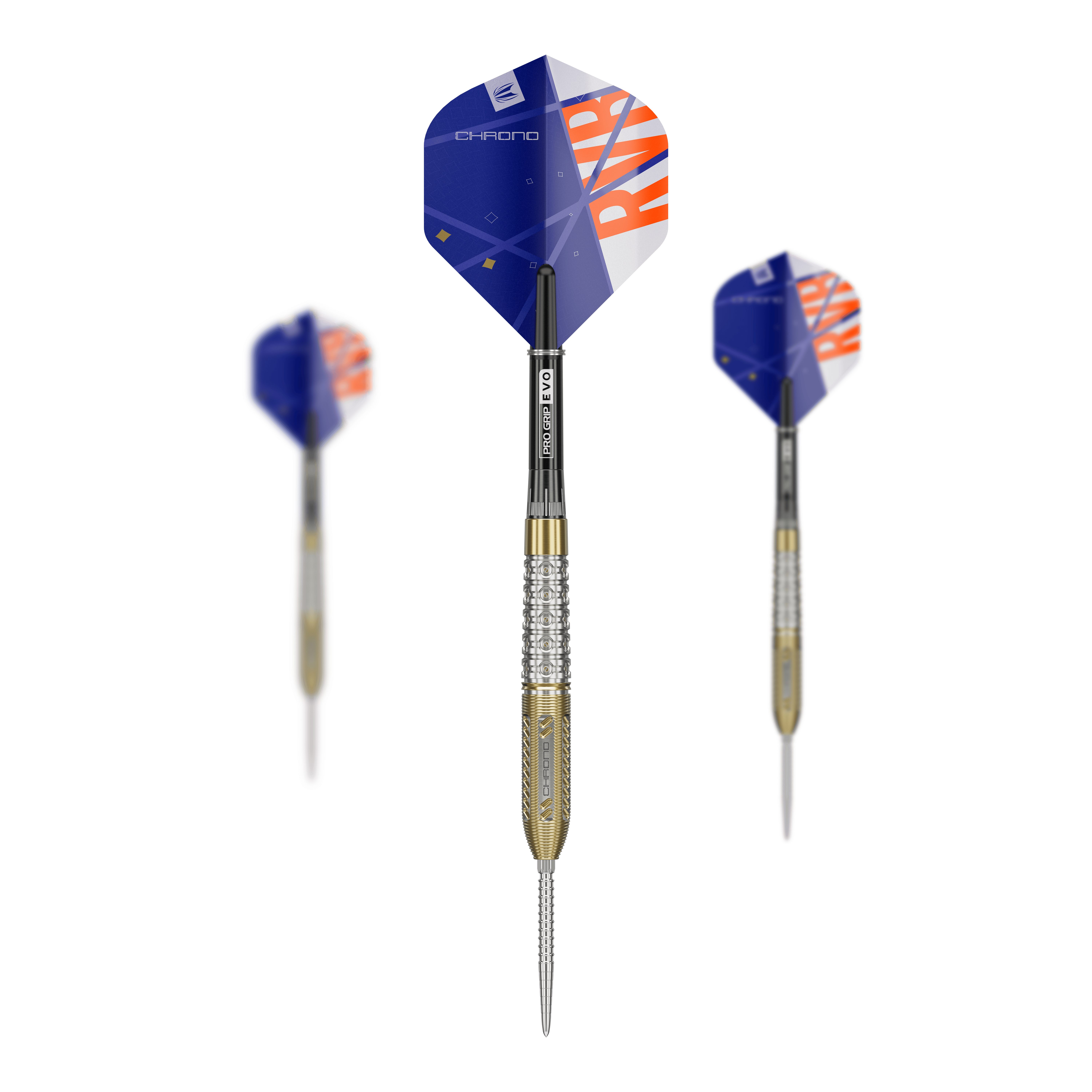 Target Raymond Van Barneveld Chrono 95 Swiss Point Steel Darts Das Bild zeigt drei Steeldarts der Marke "Target Raymond Van Barneveld Chrono 95 Swiss Point". Die Darts haben blaue Flights mit orangefarbenem Schriftzug und einen silber-goldenen Schaft.
