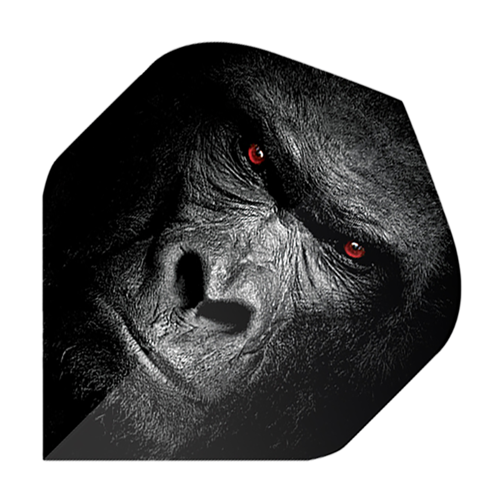 Voli Pentathlon Gorilla Das Bild zeigt ein Dart-Flight mit dem Gesicht eines Gorillas. Die Augen des Gorillas leuchten rot und der Hintergrund ist dunkel gehalten.