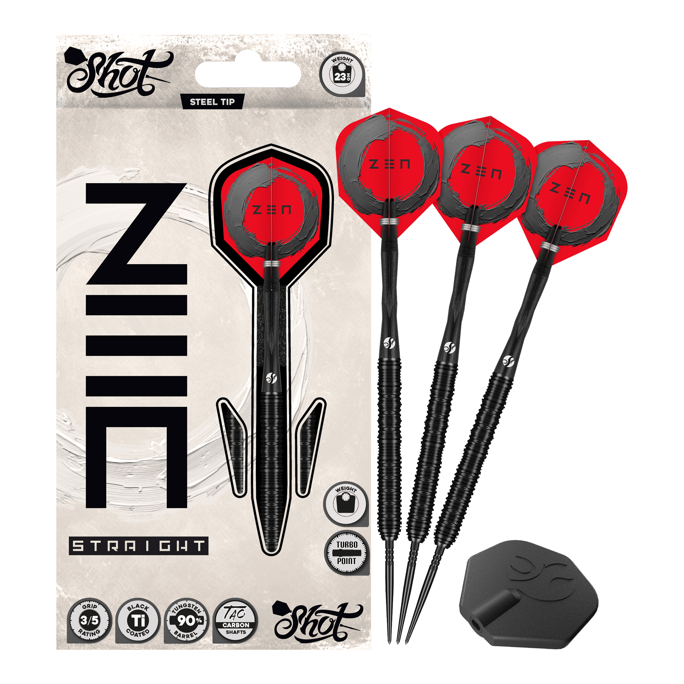 Freccette Shot ZEN Straight Turbo Point in acciaio - 23 g Das Bild zeigt Shot ZEN Straight Turbo Point Steeldarts - 23g in voller Länge. Die Steeldarts werden vollständig dargestellt.