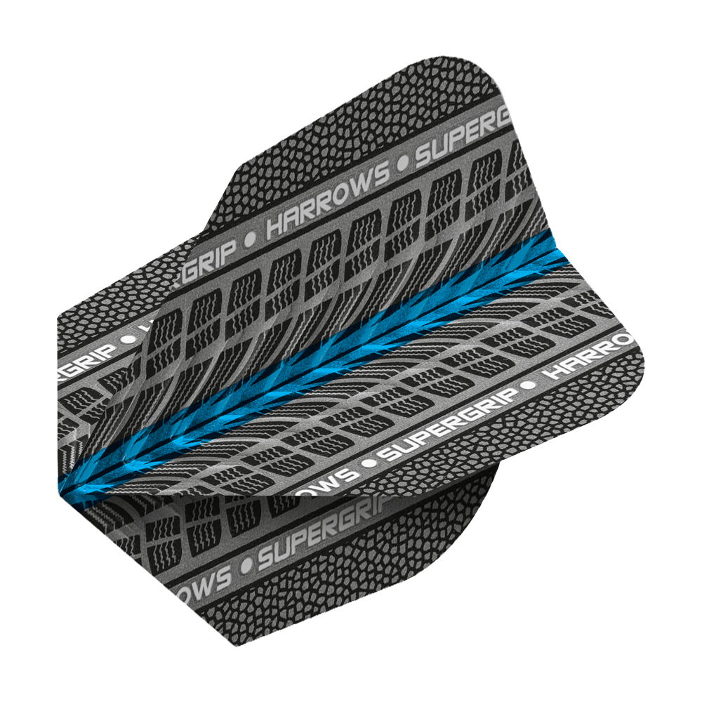 HR75_Harrows_Supergrip_Blau_No6_Flights_2 Das Bild zeigt das Produkt "Harrows Supergrip Blau No6 Flights". Es handelt sich um ein Dart-Flügel-Design in Grau mit blauen und weißen Akzenten.