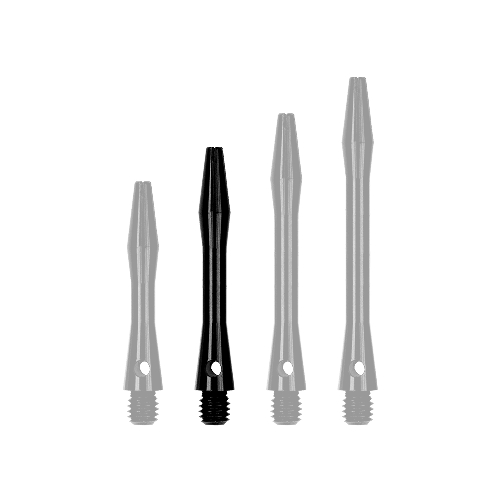 502_Aluminium_Shafts_Schwarz_35mm_1irLxveMb0BXGF Auf dem Bild sind vier schwarze Aluminium-Schäfte in unterschiedlichen Längen zu sehen. Sie stehen nebeneinander und haben alle ein Gewinde am unteren Ende.