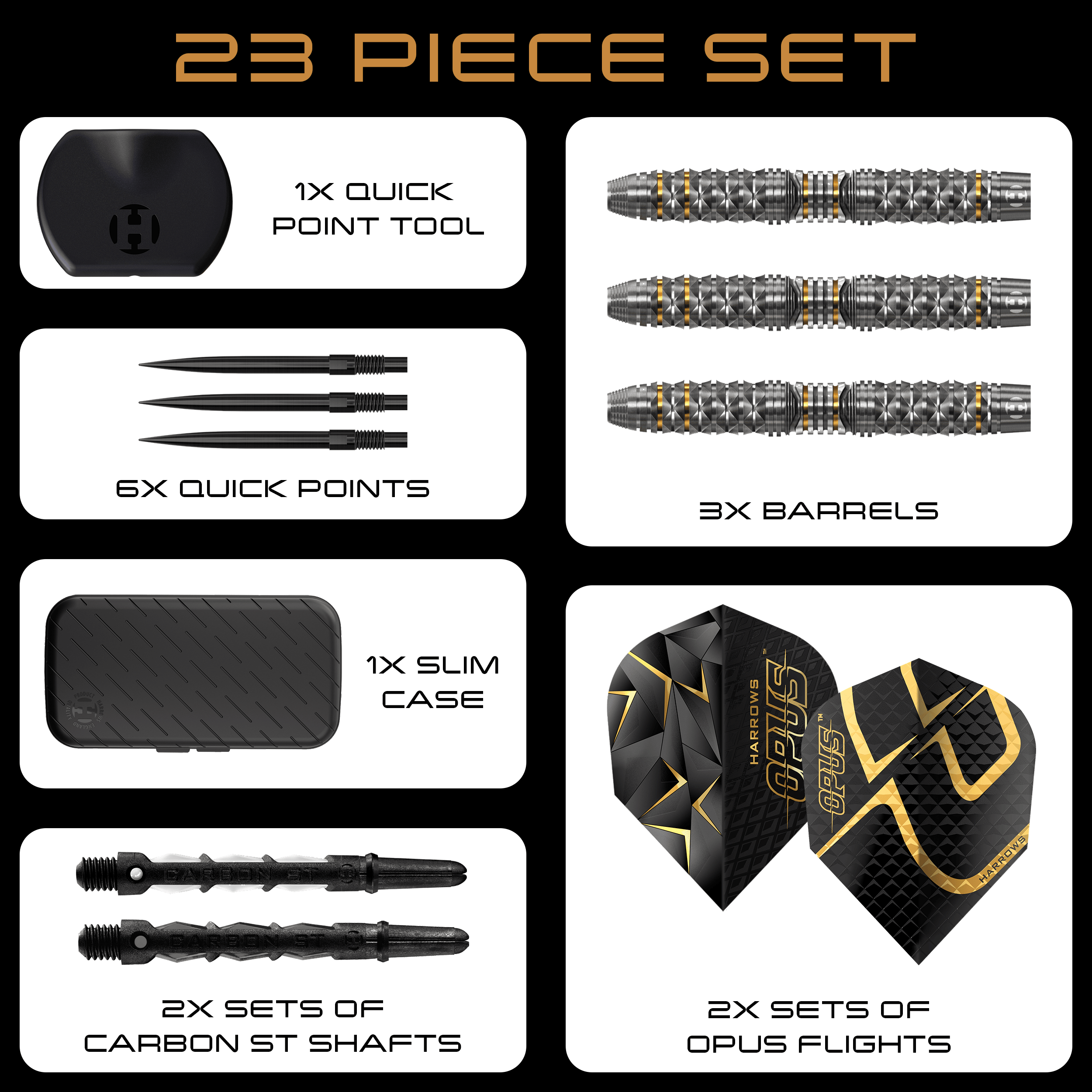 Freccette in acciaio Opus Quick Point di Harrow Auf dem Bild sind die Harrows Opus Quick Point Steeldarts mit 23g zu sehen. Diese Darts eignen sich für das Steeldartspiel.