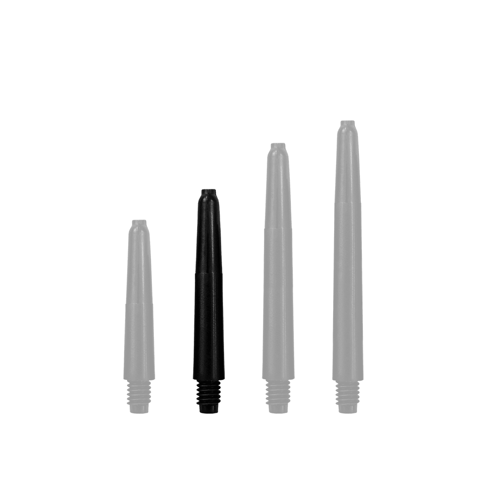 Das Bild zeigt vier schwarze Nylon Shafts in unterschiedlichen Längen. Sie sind gerade und verfügen am unteren Ende über ein Schraubgewinde.