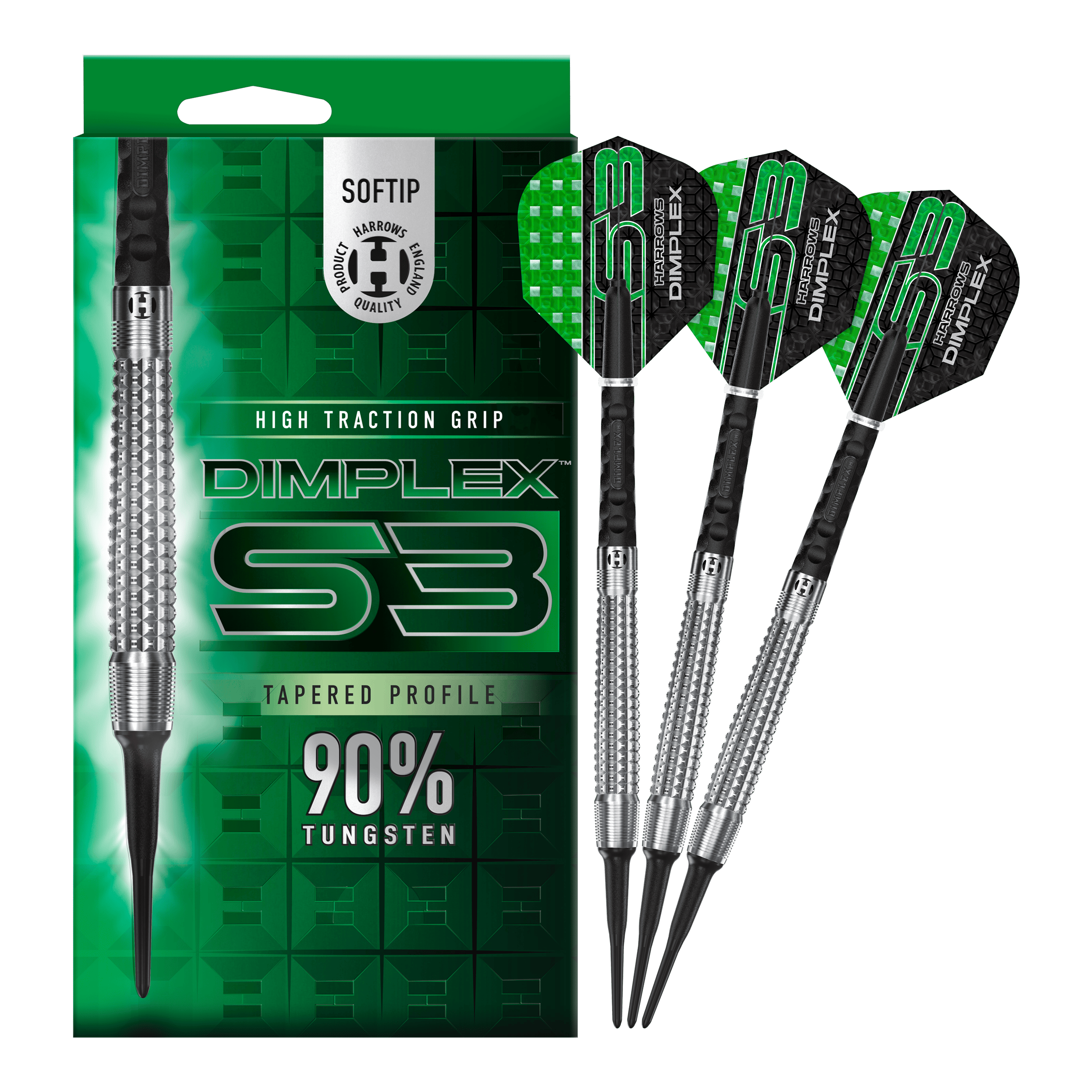 Freccette morbide coniche Harrows Dimplex S3 Das Bild zeigt eine Packung und drei Softdarts der Marke "Harrows Dimplex S3 Tapered". Die Darts bestehen zu 90 % aus Tungsten und haben eine hohe Grifftraktion.