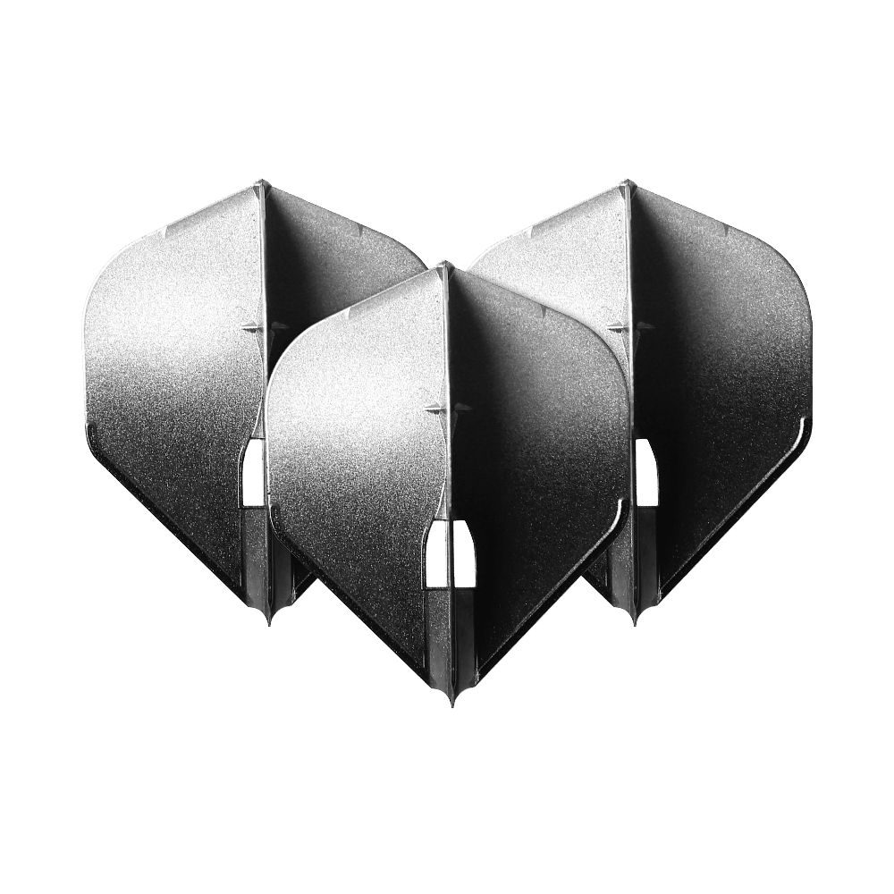 Alette L-Style Two Tone L1PRO Auf dem Bild sind drei silberfarbene Dart-Flights in Pfeilform zu sehen. Die Flights stehen dicht nebeneinander und haben einen metallischen Glanz.