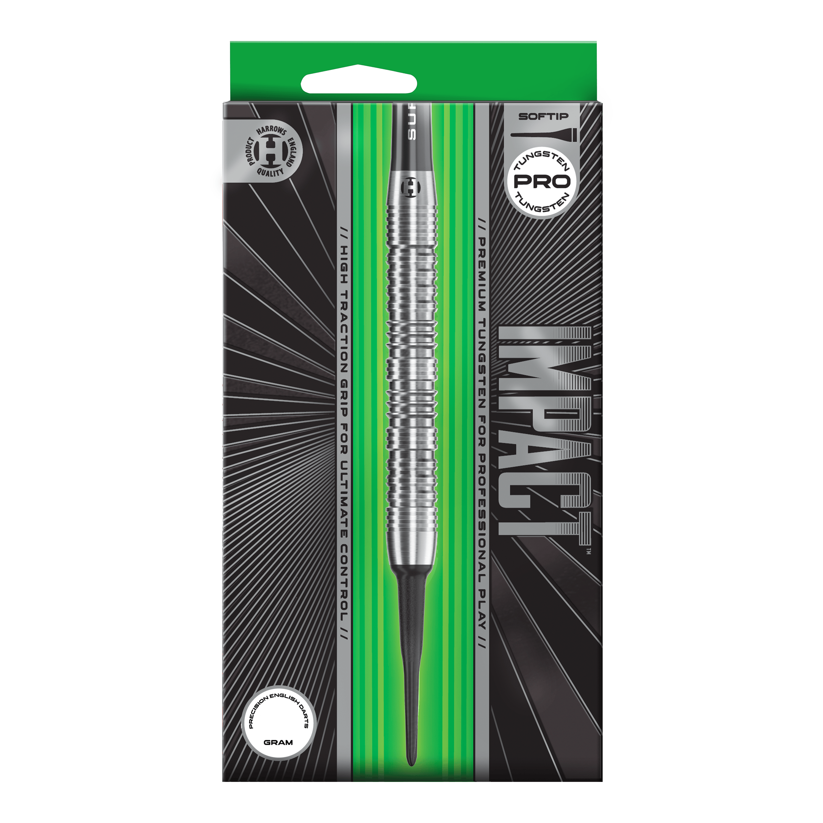 Hier sind die Harrows Impact Softdarts dargestellt. Man sieht Details des Produktes aus einer weiteren Ansicht.