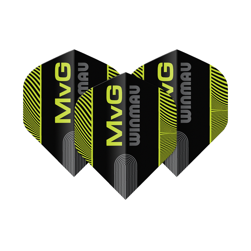 Winmau Prism Delta MvG Nero Verde Testo No2 Voli Standard Das Bild zeigt die Winmau Prism Delta MvG Black Green Text No2 Standard Flights. Es handelt sich um Dart-Flights in Schwarz und Grün mit Text-Design.