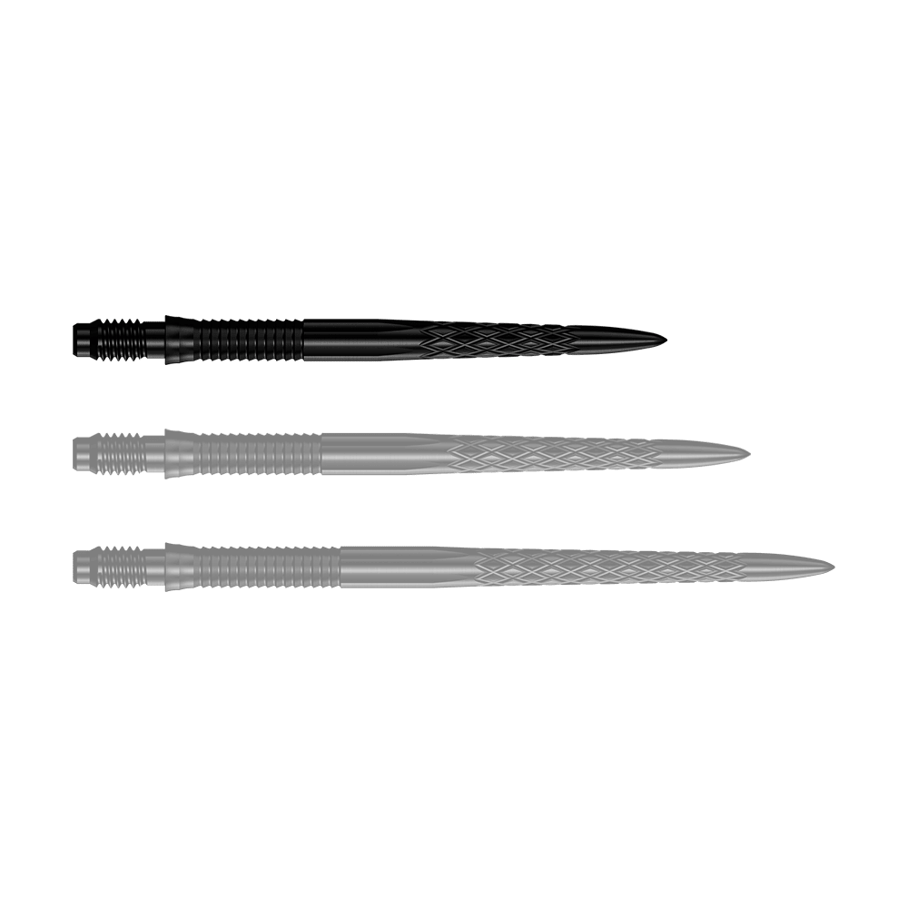 Das Bild zeigt eine Reihe von schwarzen Dartspitzen mit der Bezeichnung 30mm. Die Spitze ist für den Einsatz in Darts geeignet.