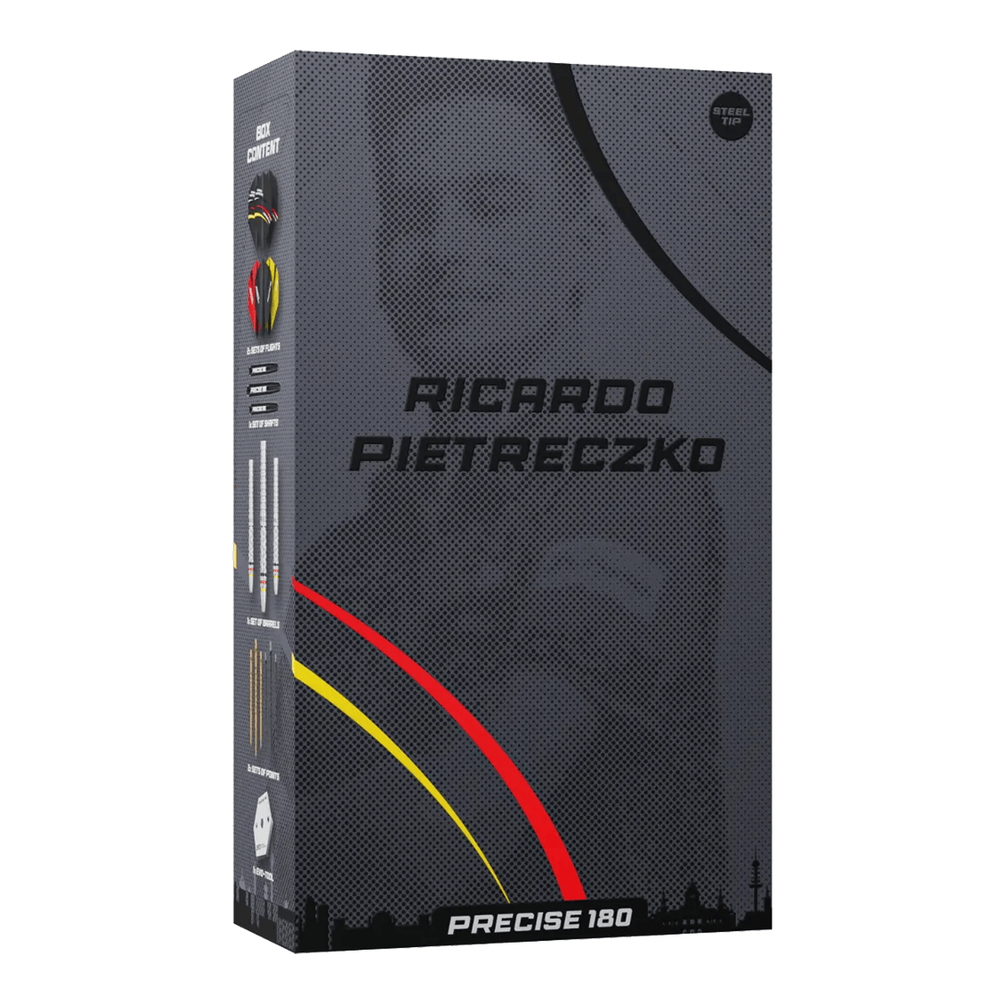 Freccette in acciaio di precisione Ricardo Pietreczko GEN1, numero 180 Precise 180 Ricardo Pietreczko GEN1 Steeldarts zeigen das Design dieser hochwertigen Dartpfeile. Diese Darts sind ideal für Wettkampfspieler.
