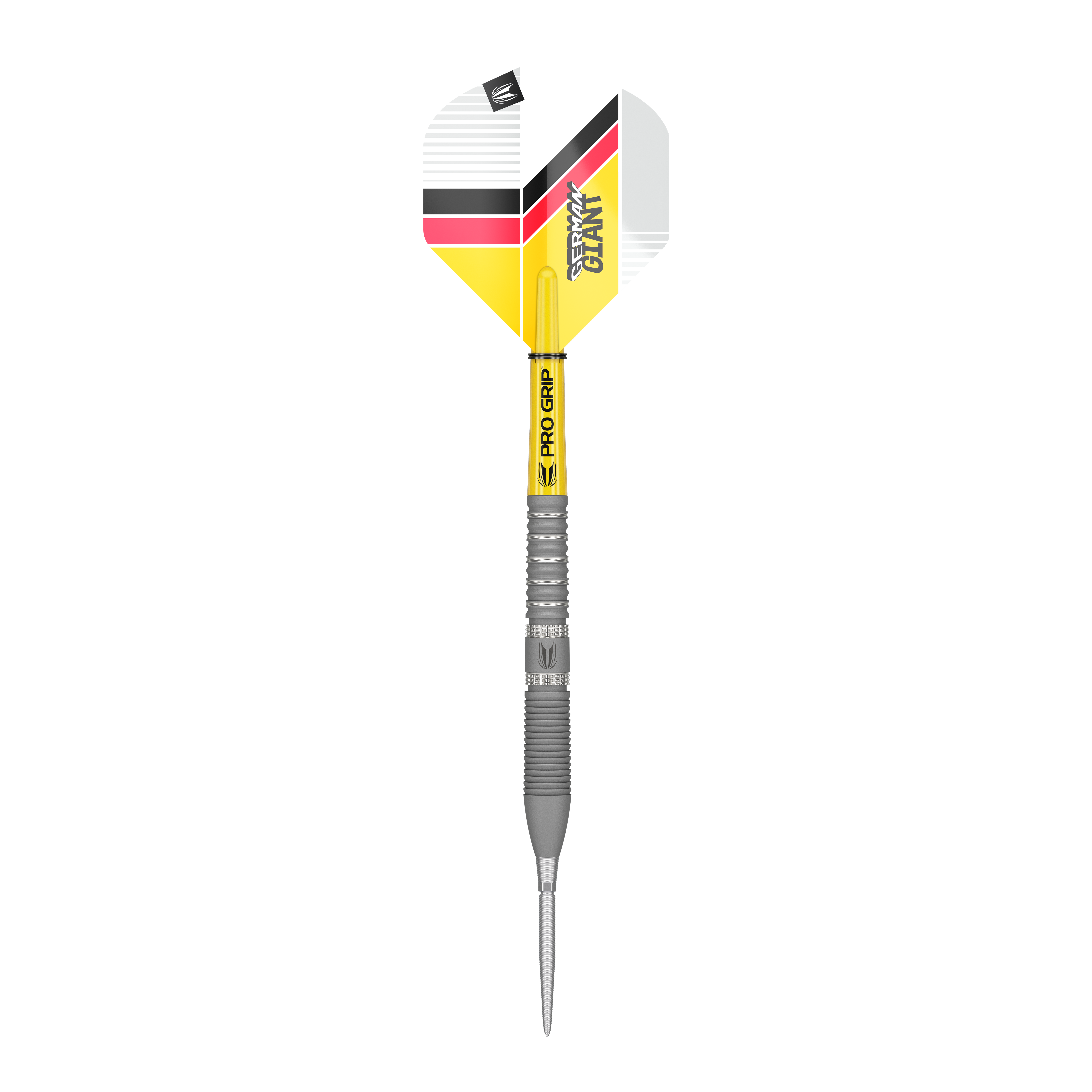 Freccette in acciaio Target Gabriel Clemens GEN2 Swiss Point Das Bild zeigt einen Target Gabriel Clemens GEN2 Swiss Point Steeldart. Der Dart hat eine silberne Spitze und Schaft sowie gelbe, schwarze und rote Akzente auf dem Flight.