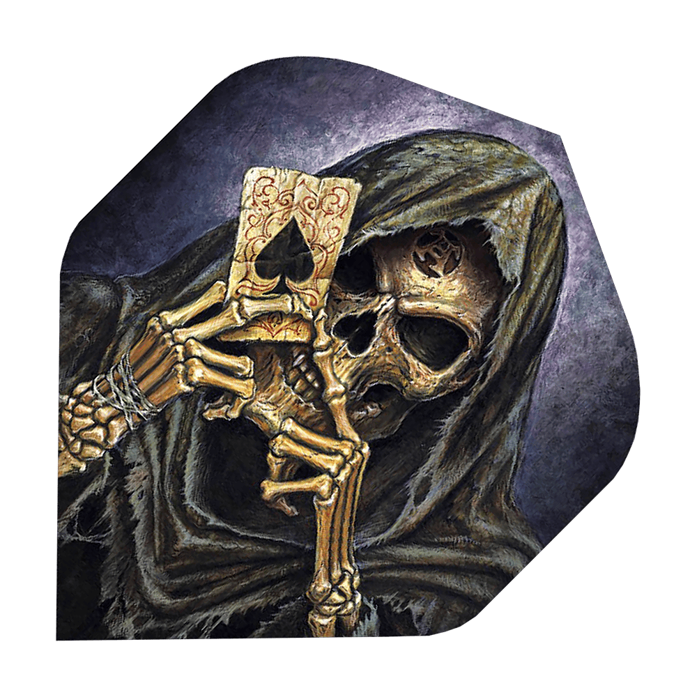 ALC2_Alchemy_Reapers_Ace_Standard_Flights_1 Das Bild zeigt einen Sensenmann mit Kapuze, der eine Spielkarte mit einem Pik-Ass hält. Die Farben sind dunkel und erzeugen eine mystische, unheimliche Stimmung.