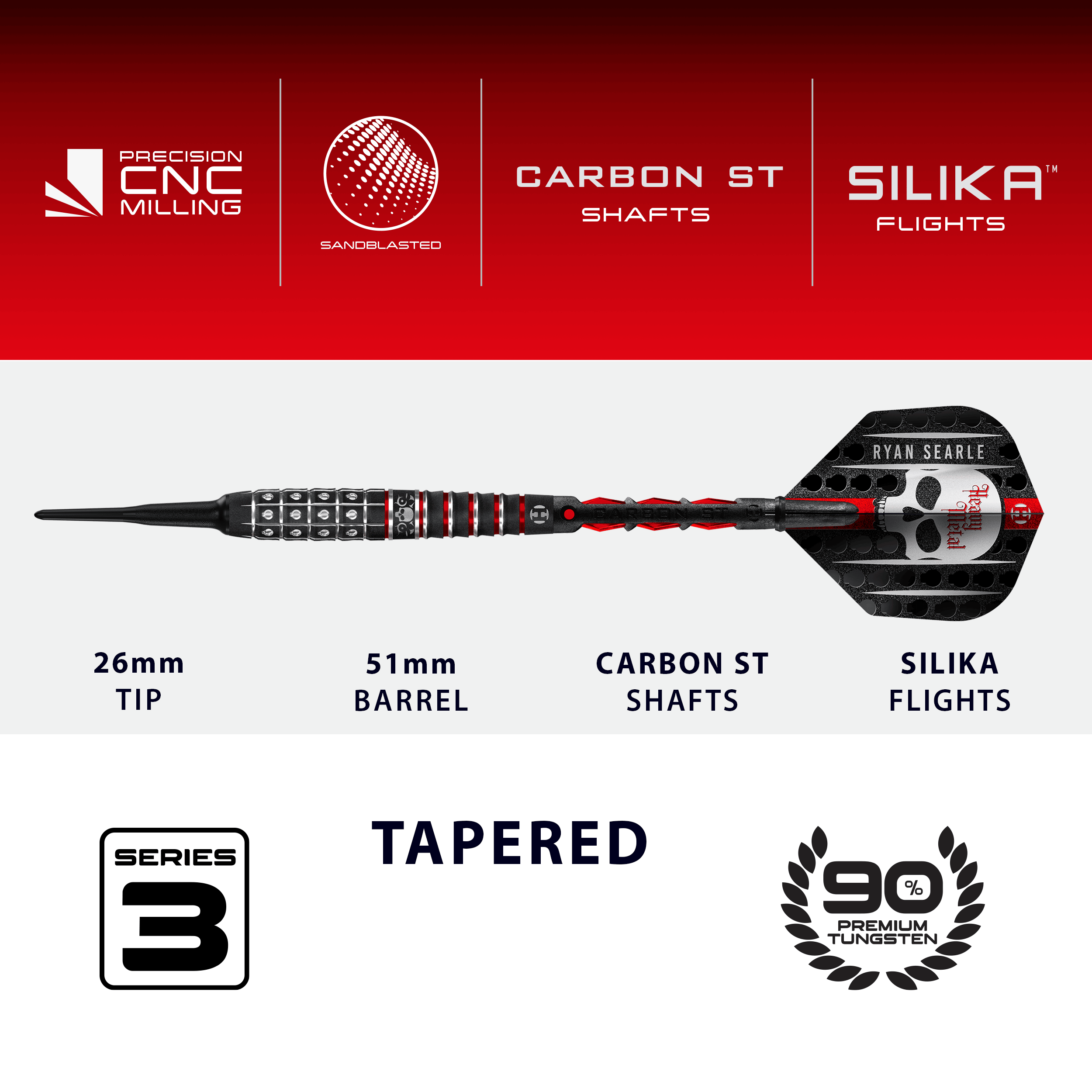 Freccette morbide Ryan Searle Series 3 di Harrow Das Bild zeigt die Harrows Ryan Searle Series 3 Softdarts. Diese Dartpfeile sind für den Softdartbereich konzipiert.