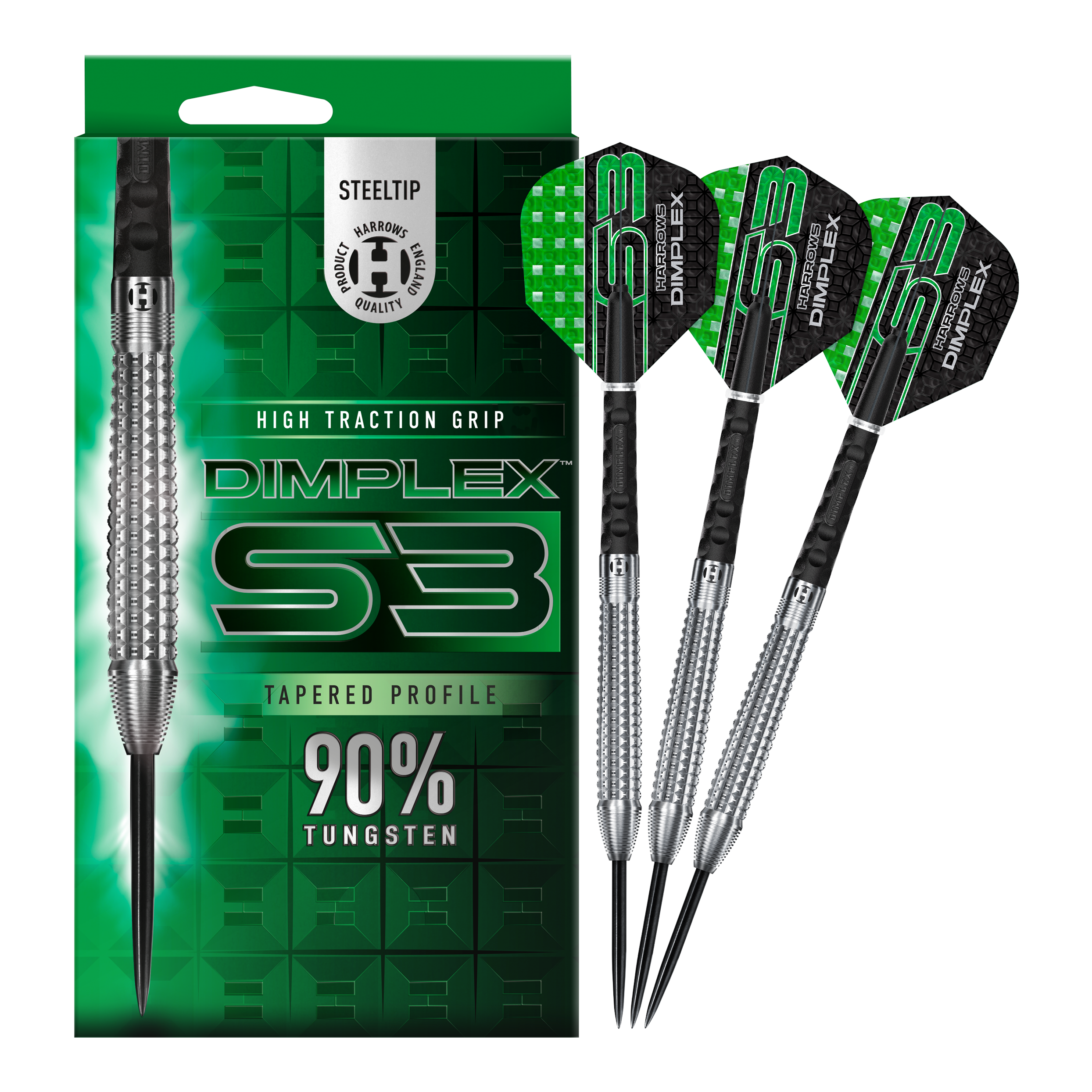 Freccette in acciaio conico Harrows Dimplex S3 Das Bild zeigt die Harrows Dimplex S3 Tapered Steeldarts mit einer auffälligen grünen Verpackung. Drei Steeldarts aus 90% Wolfram sind neben der Verpackung abgebildet.