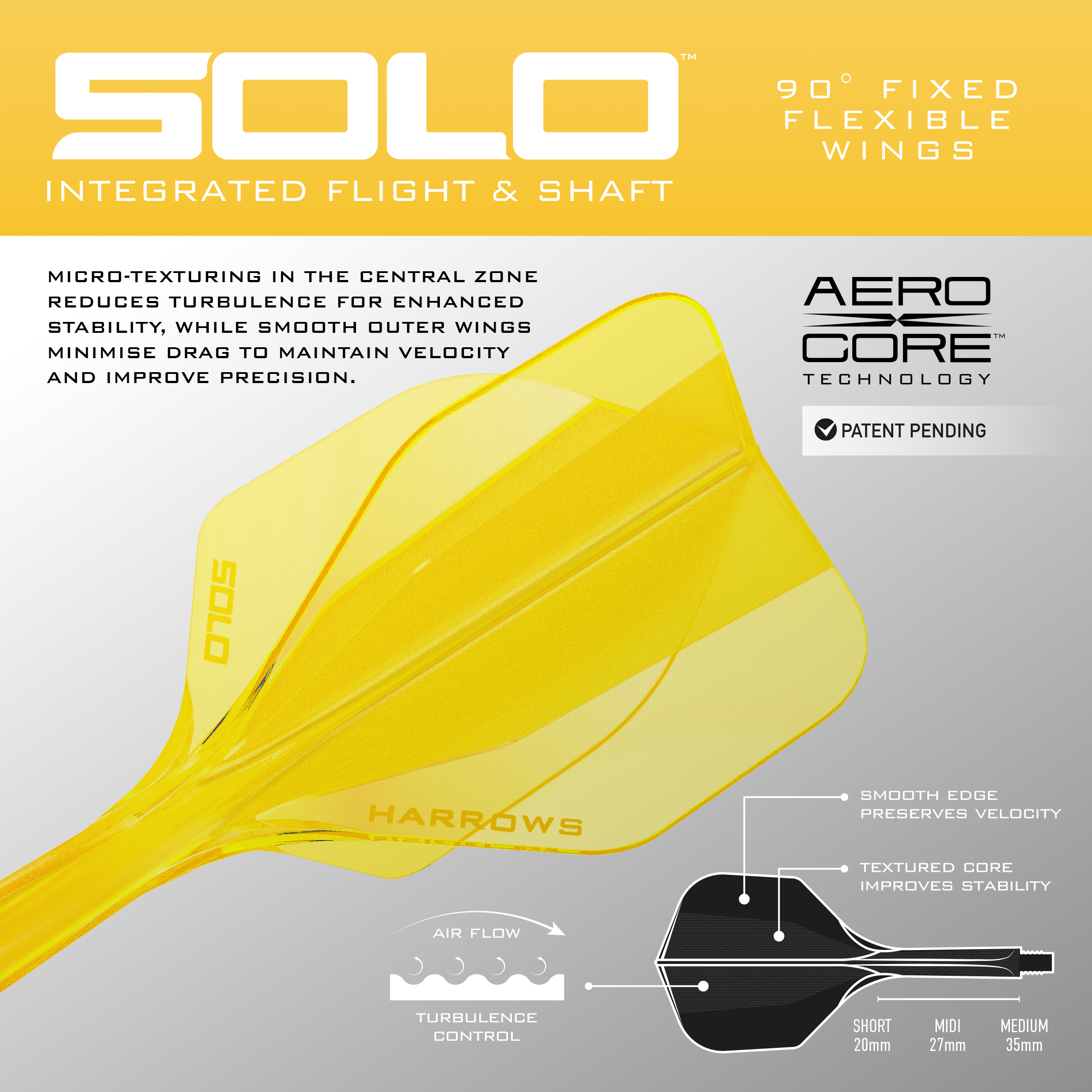 Abgebildet ist das Harrows Solo No6 Flight-Shaft-System in Gelb. Dieses Produkt wird als Teil für Dartpfeile verwendet.